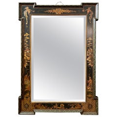 Antique English Black Lacquered Mirror in "Chinoiserie" Design, Circa 1870-1890.