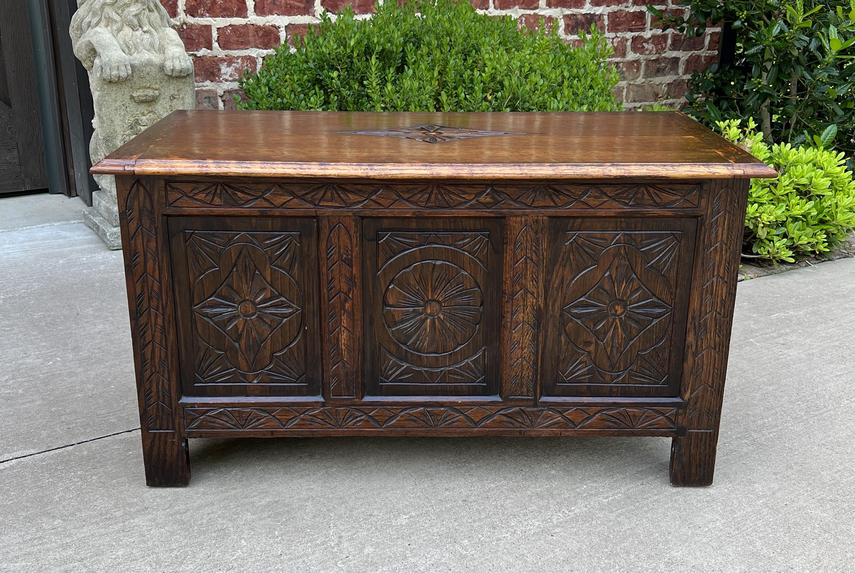 Antique English Blanket Box Chest Trunk Coffee Table Storage Chest Carved Oak 6