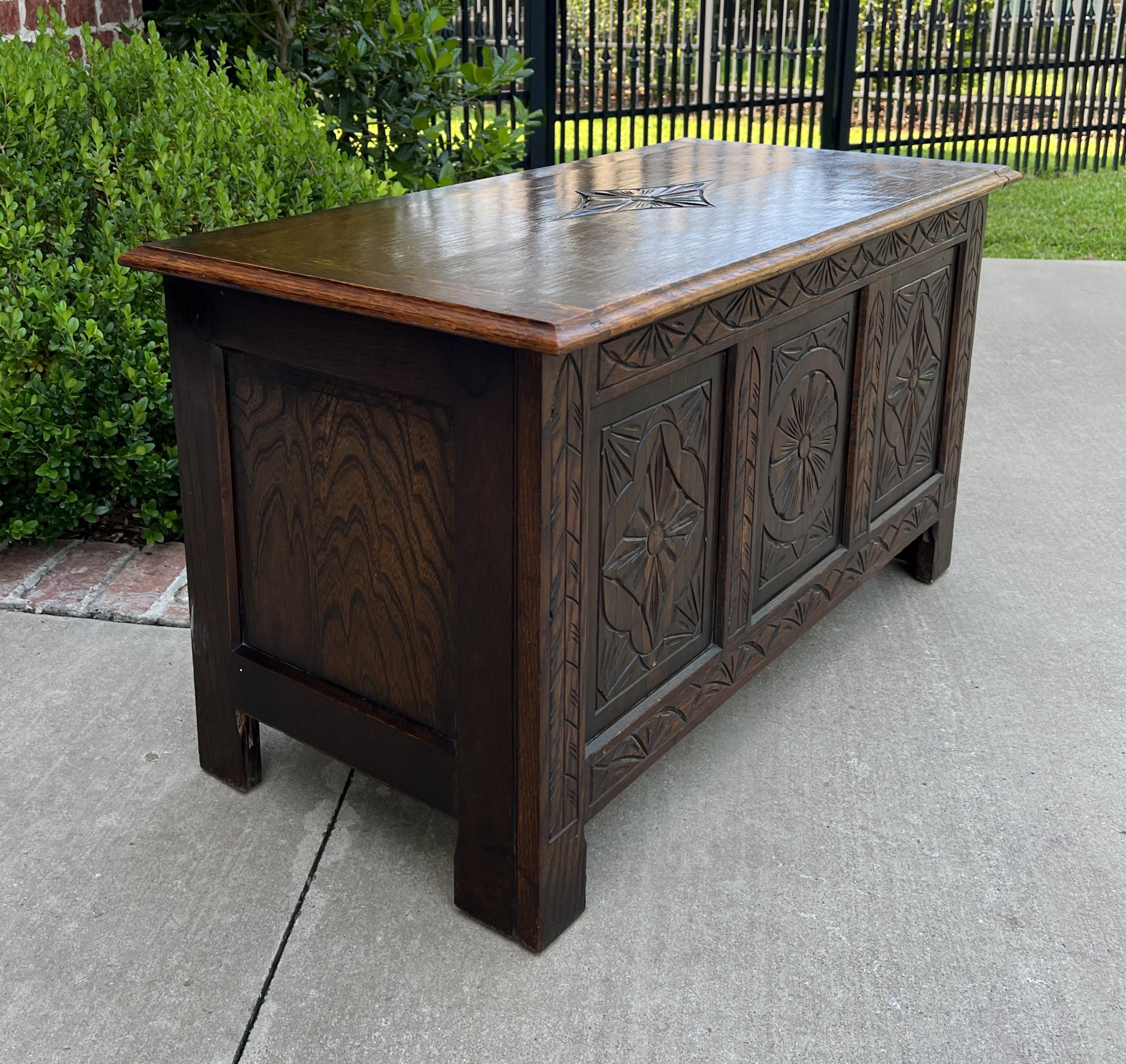 Antique English Blanket Box Chest Trunk Coffee Table Storage Chest Carved Oak In Good Condition In Tyler, TX