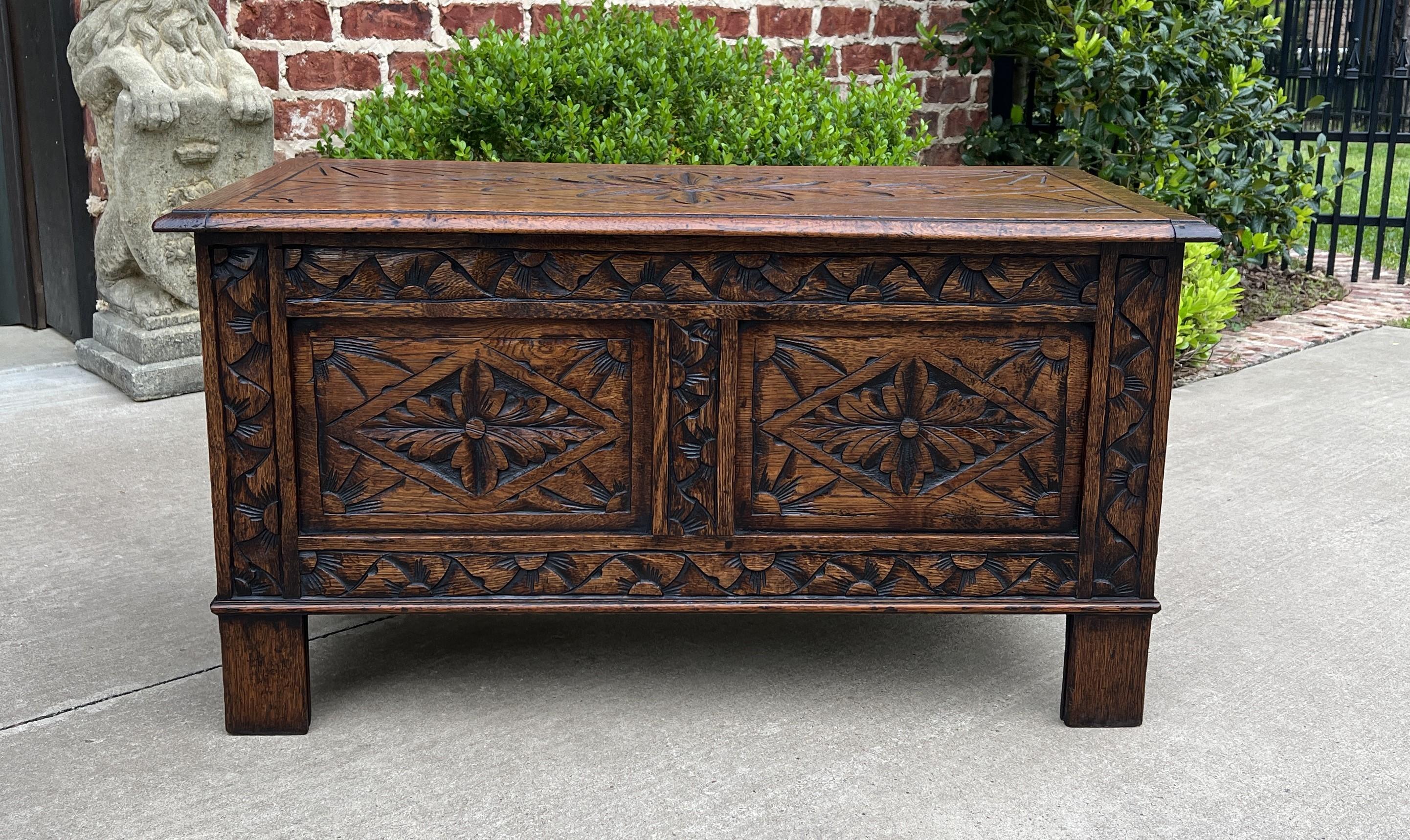 CHARMING Antique English Carved Oak Blanket Box, Coffer, Trunk, Storage Chest, Coffee Table or Bench~~c. 1920-30s

 The perfect size for a foyer, entry hall or mudroom bench, or as a coffee table. Excellent example of the hand carved craftsmanship