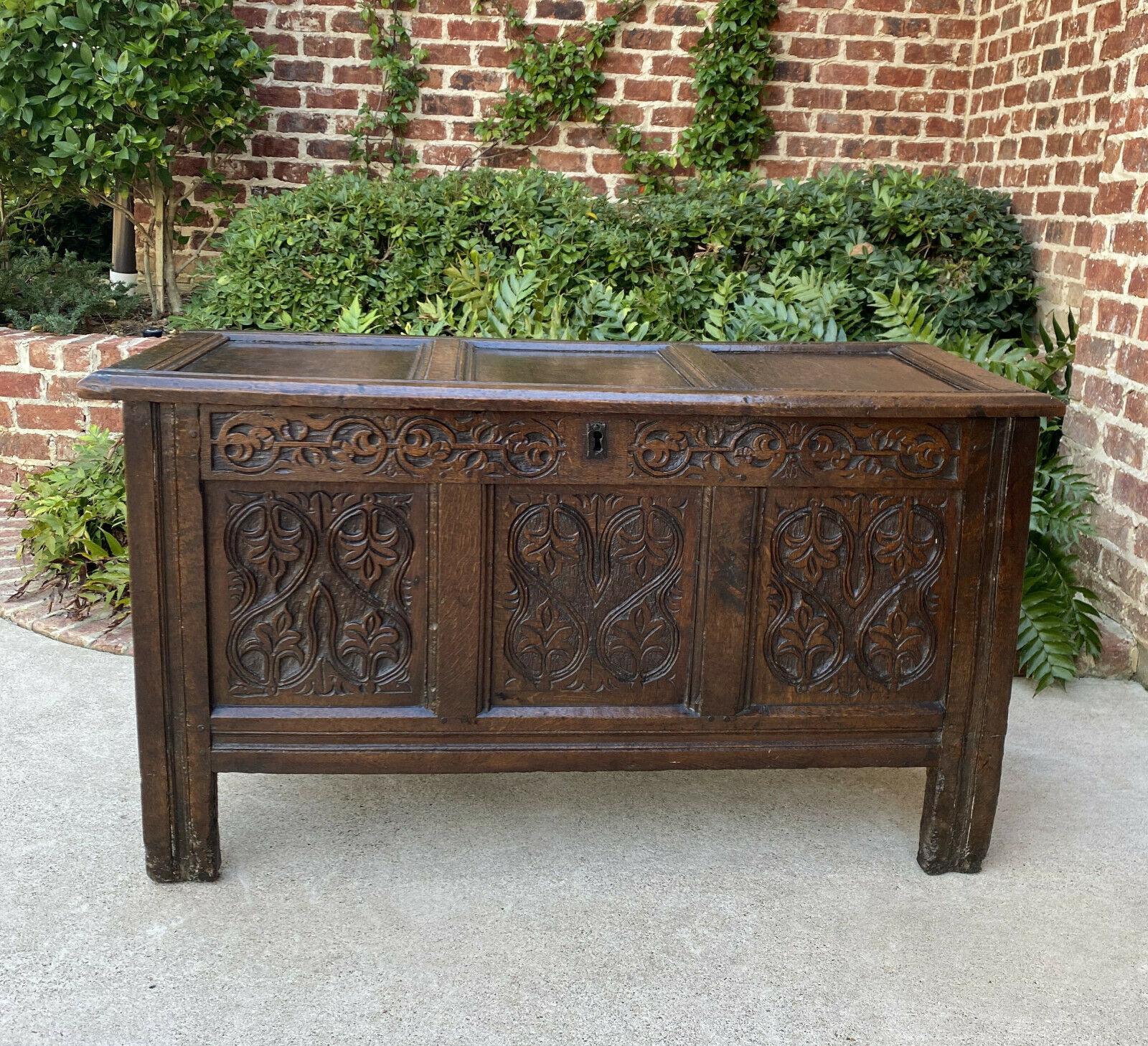 Handsome antique English highly carved oak blanket box, coffer, trunk, storage chest or bench~~18th century

These chests were originally used as strongboxes for holding money, jewelry and other valuables. The perfect size for a foyer, entry hall