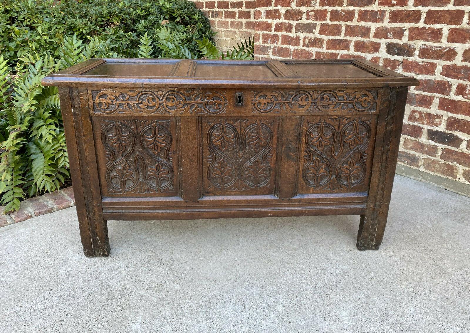 Antique English Blanket Box Chest Trunk Coffer Storage Chest Carved Oak 18th C 1