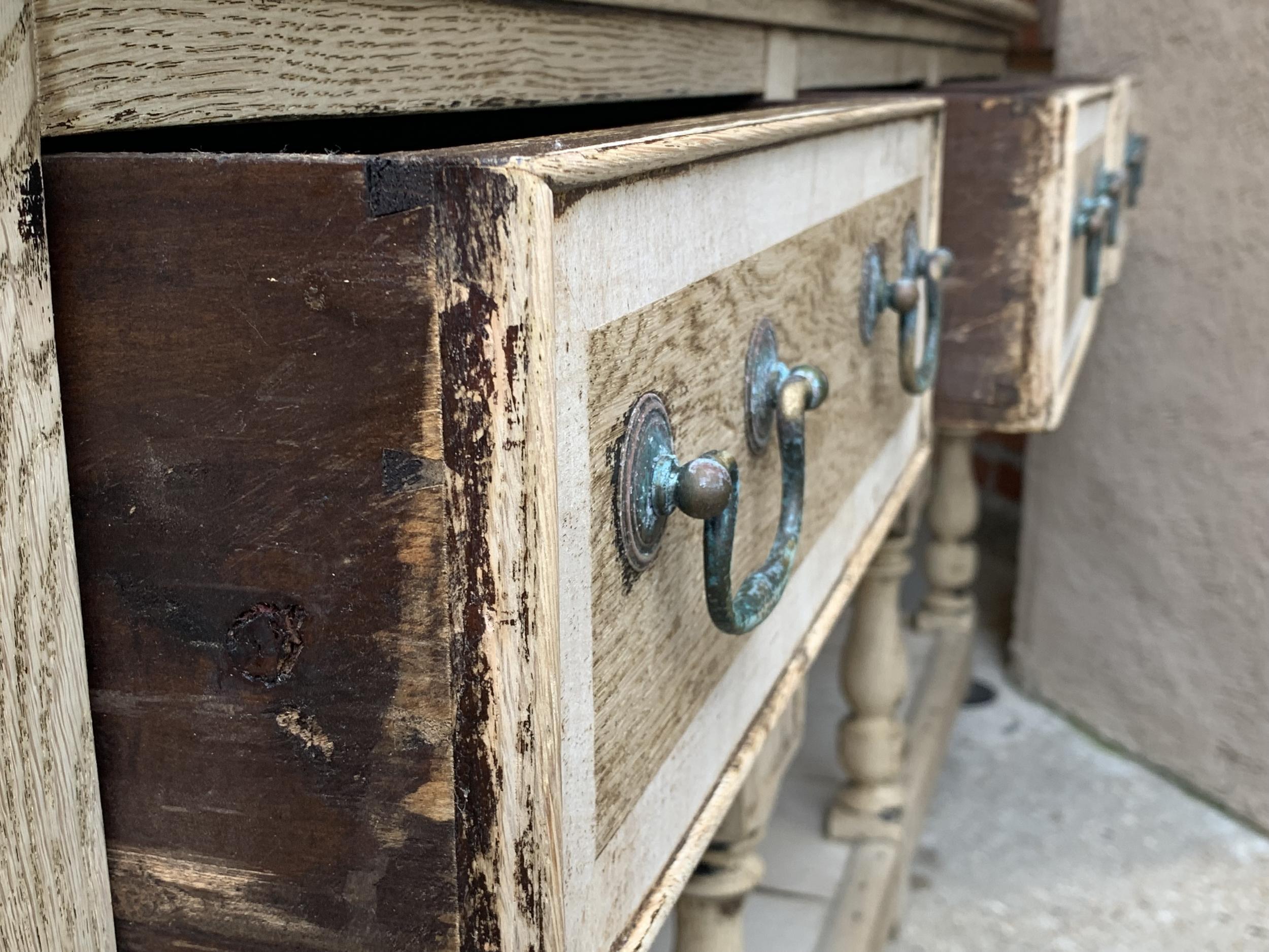 Antique English Bleached Oak Sideboard Sofa Table Farmhouse Credenza 5