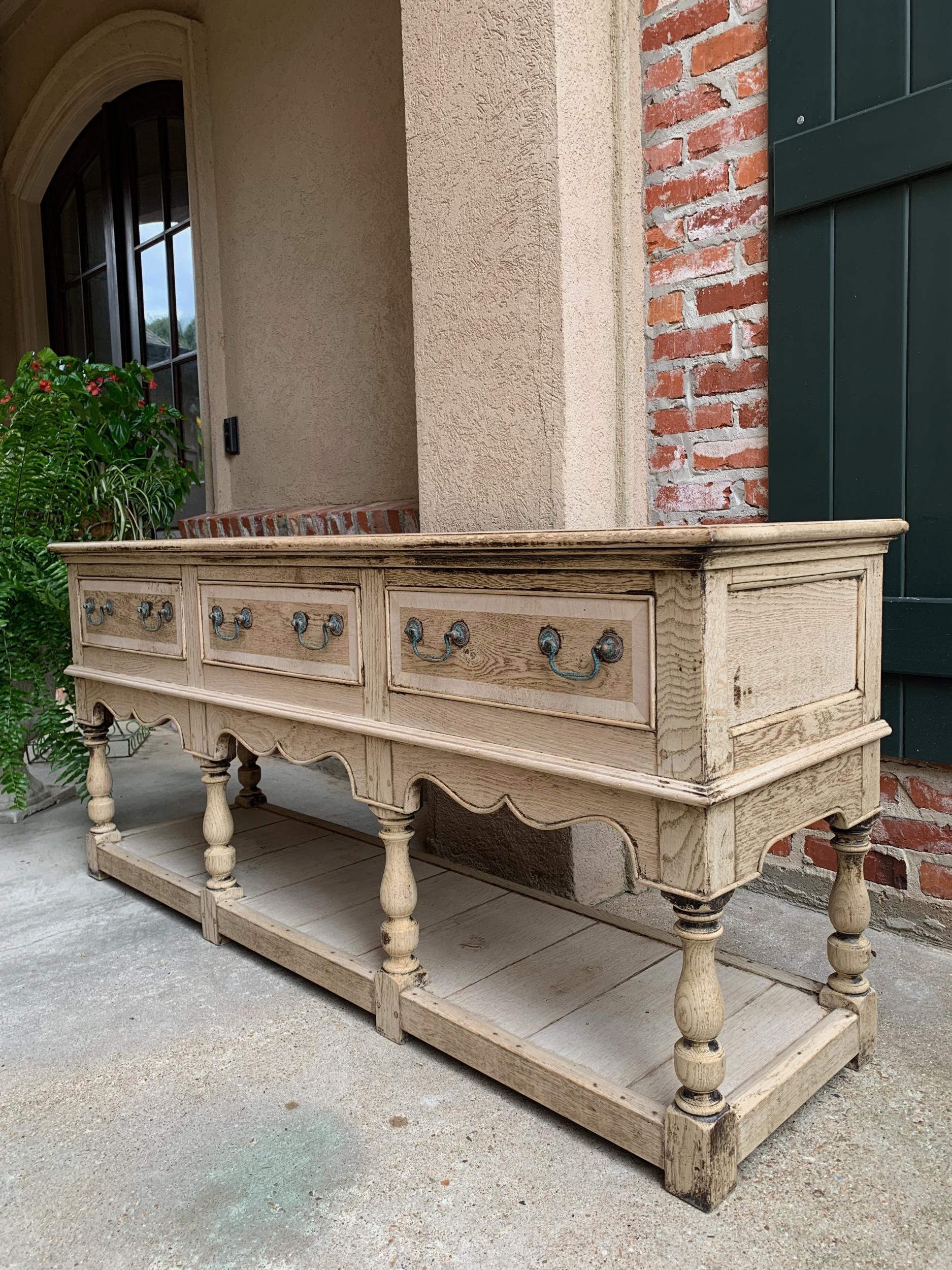 British Colonial Antique English Bleached Oak Sideboard Sofa Table Farmhouse Credenza