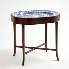 Antique English Blue and White Ironstone Platter on Stand