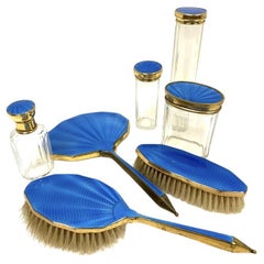 Antique English Blue Guilloche' Enamel Dresser Set