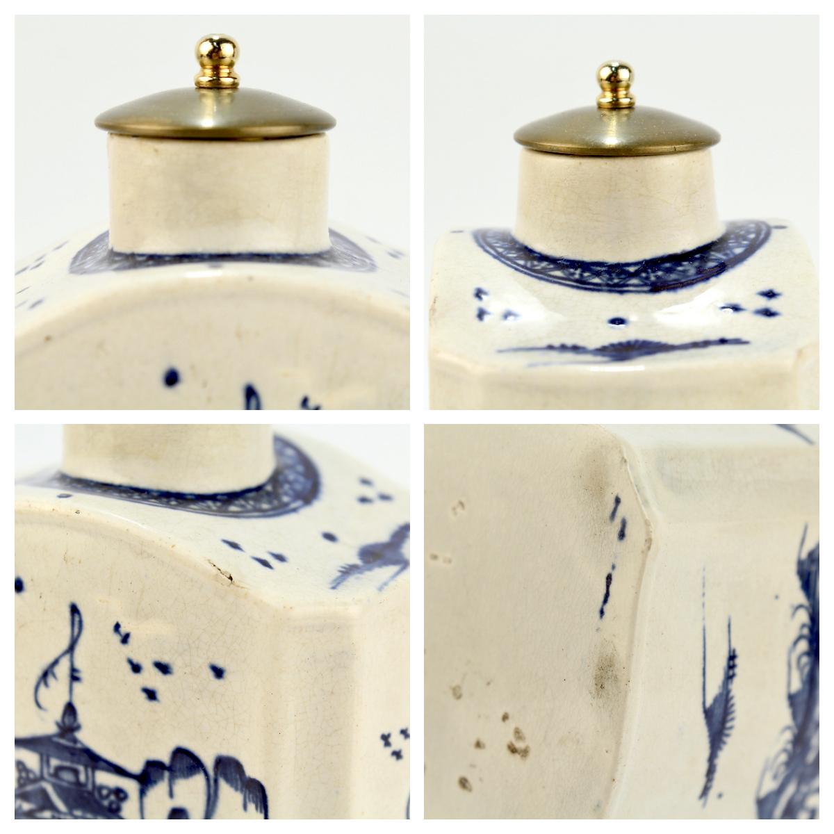 Antique English Blue & White Decorated Creamware or Pearlware Pottery Tea Caddy 5