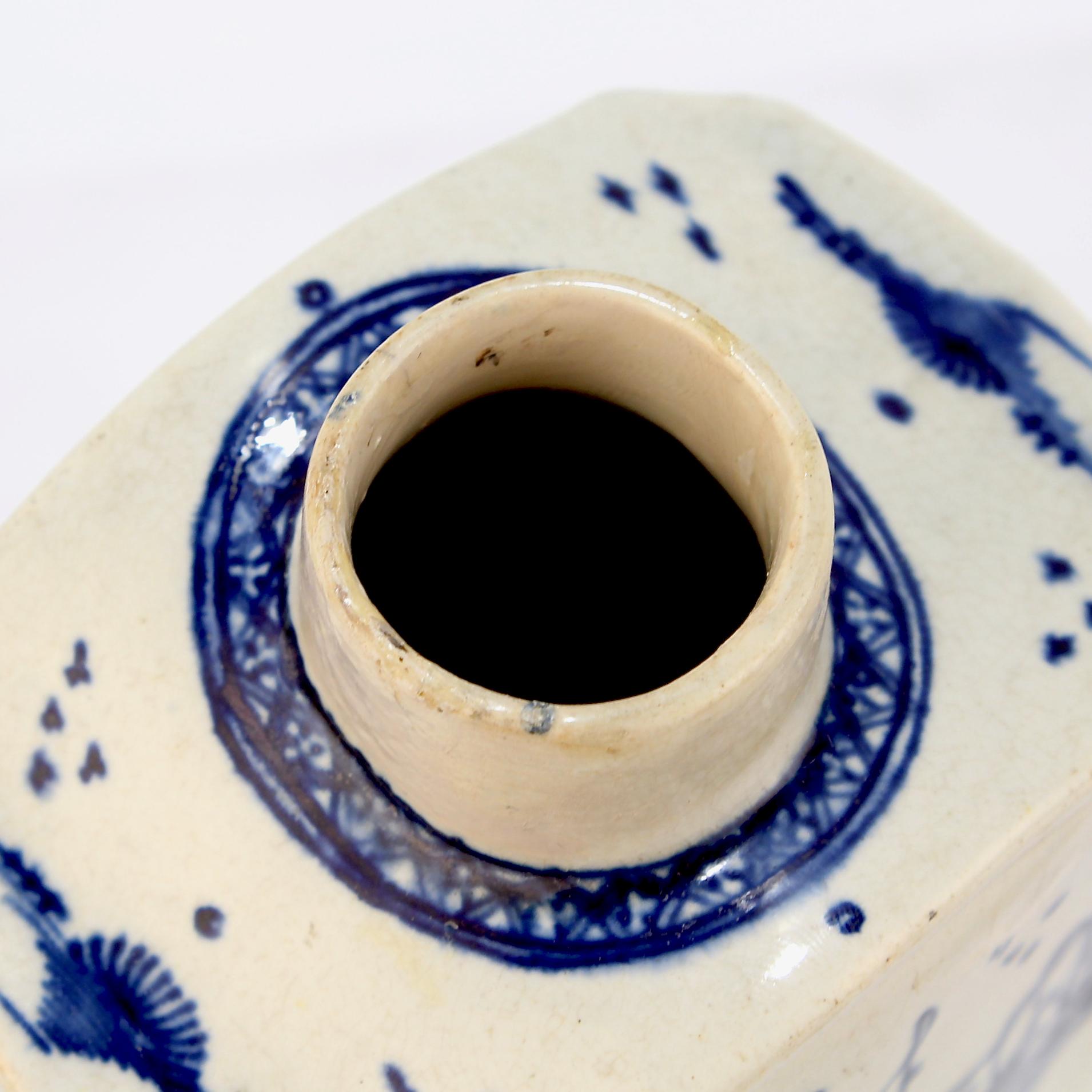 Antique English Blue & White Decorated Creamware or Pearlware Pottery Tea Caddy 6