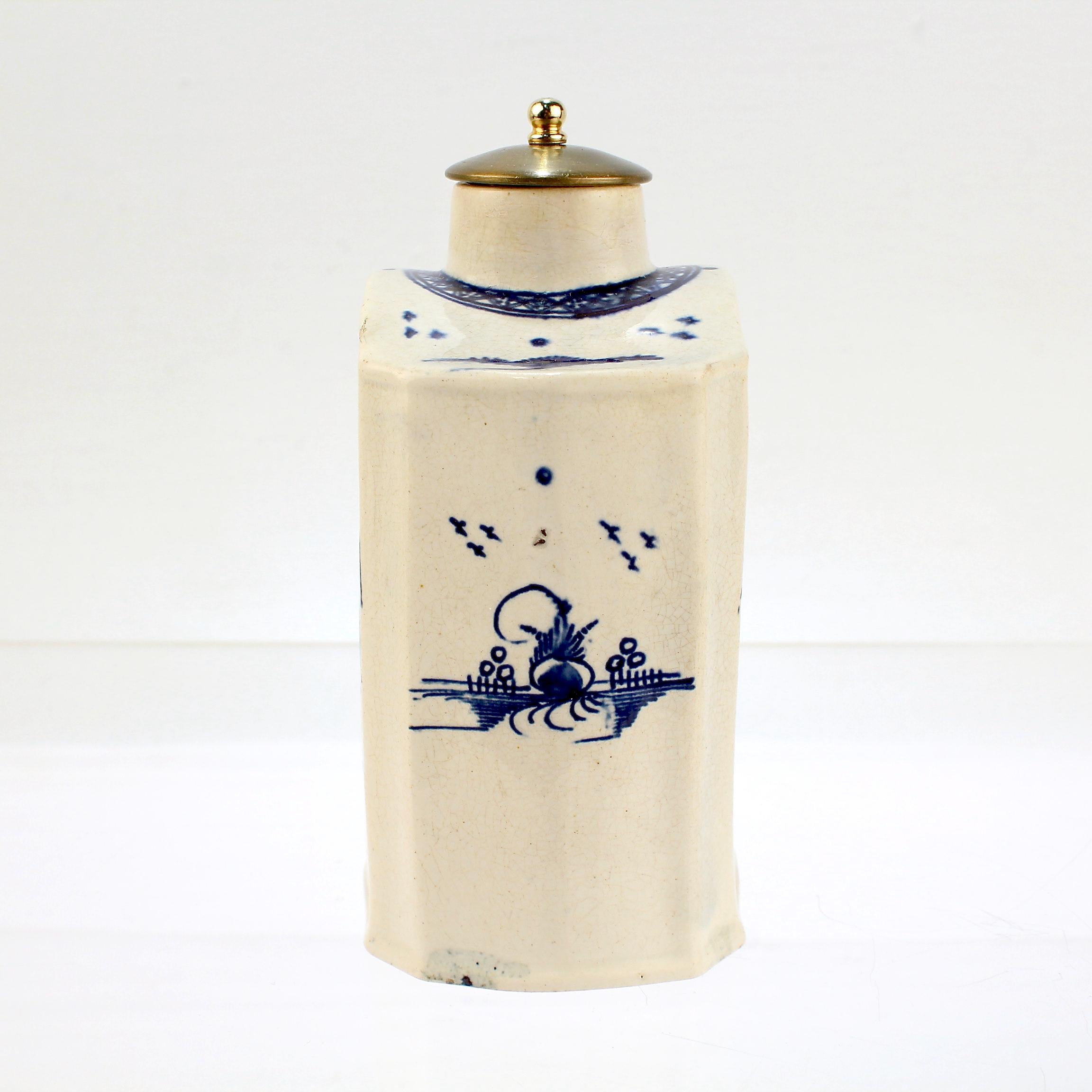 George III Antique English Blue & White Decorated Creamware or Pearlware Pottery Tea Caddy