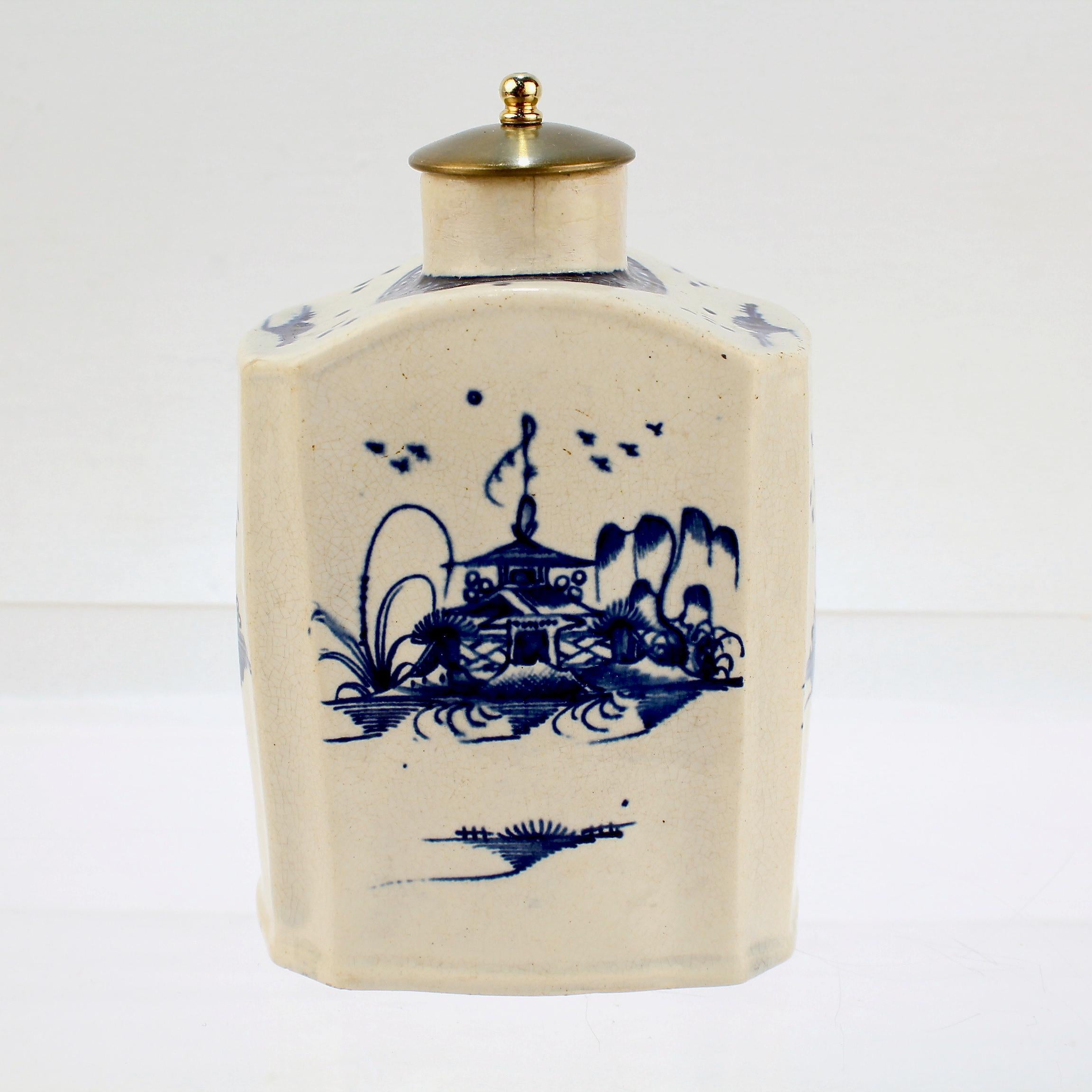 British Antique English Blue & White Decorated Creamware or Pearlware Pottery Tea Caddy
