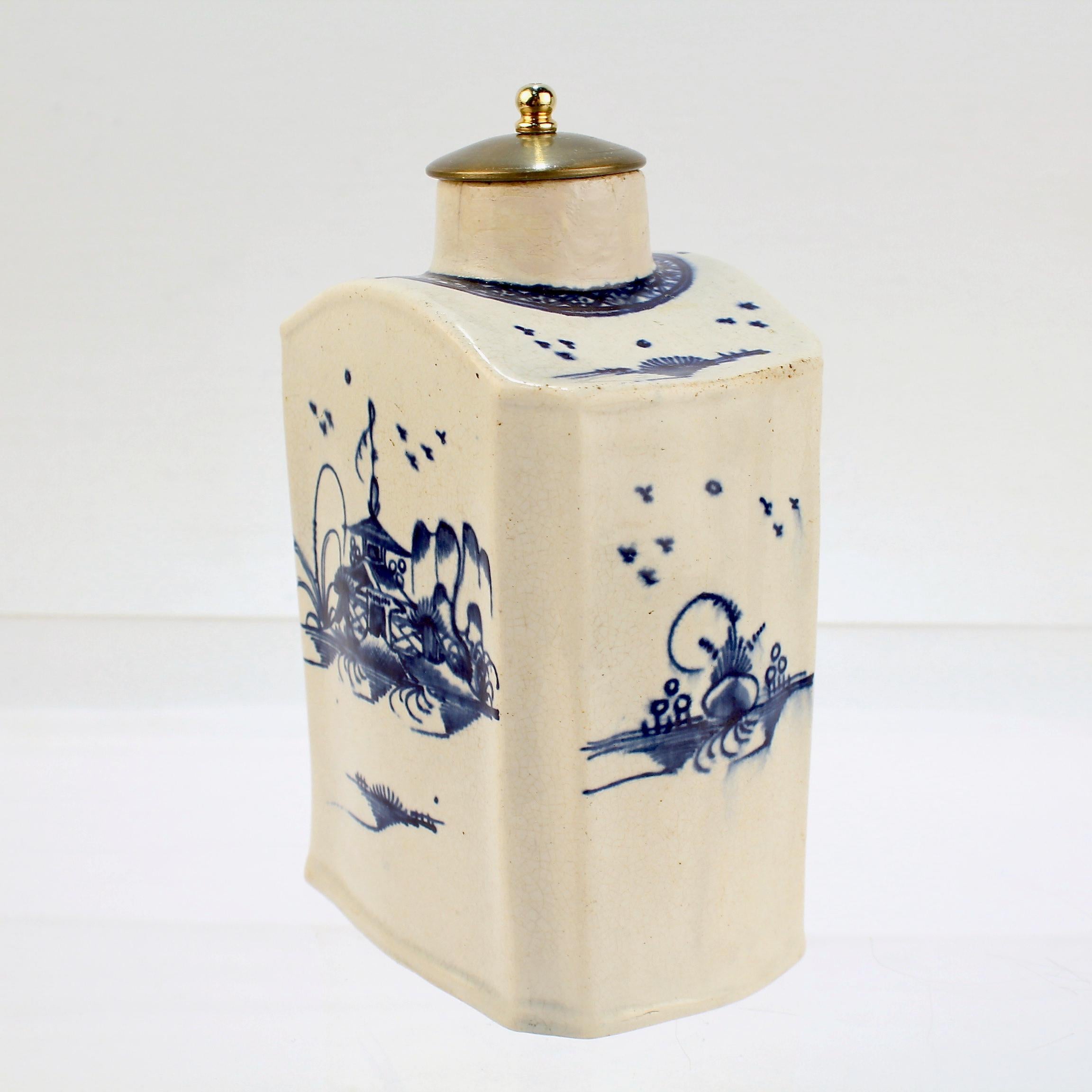 Antique English Blue & White Decorated Creamware or Pearlware Pottery Tea Caddy In Good Condition In Philadelphia, PA