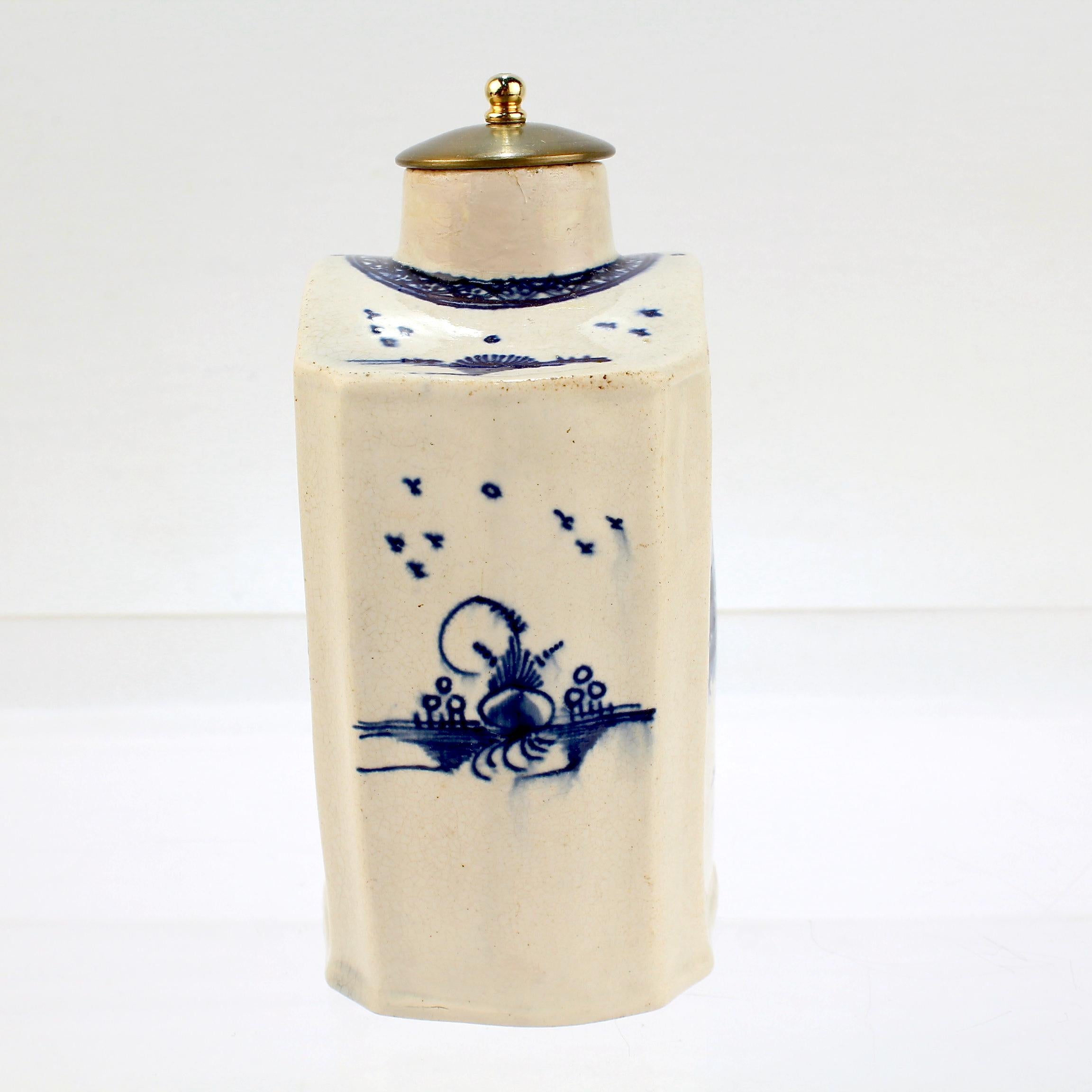 19th Century Antique English Blue & White Decorated Creamware or Pearlware Pottery Tea Caddy