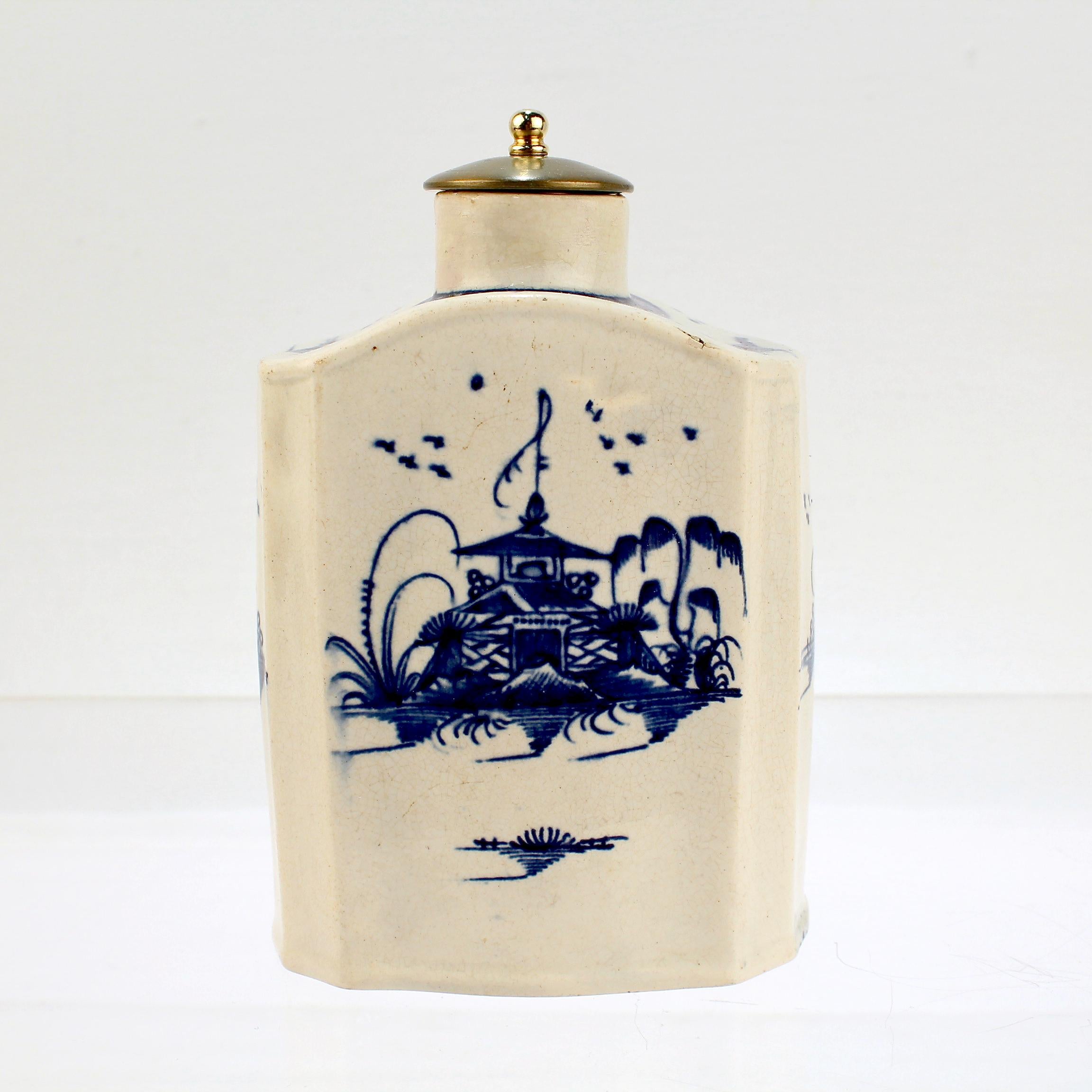 Antique English Blue & White Decorated Creamware or Pearlware Pottery Tea Caddy 1