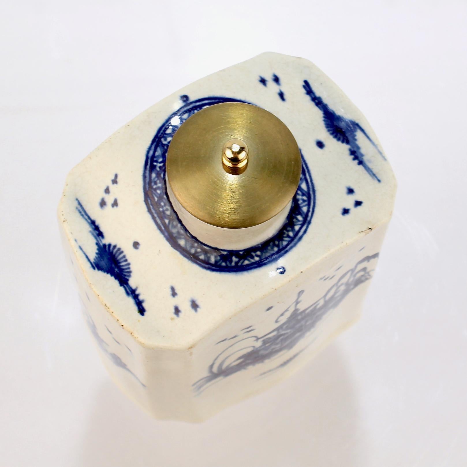 Antique English Blue & White Decorated Creamware or Pearlware Pottery Tea Caddy 2