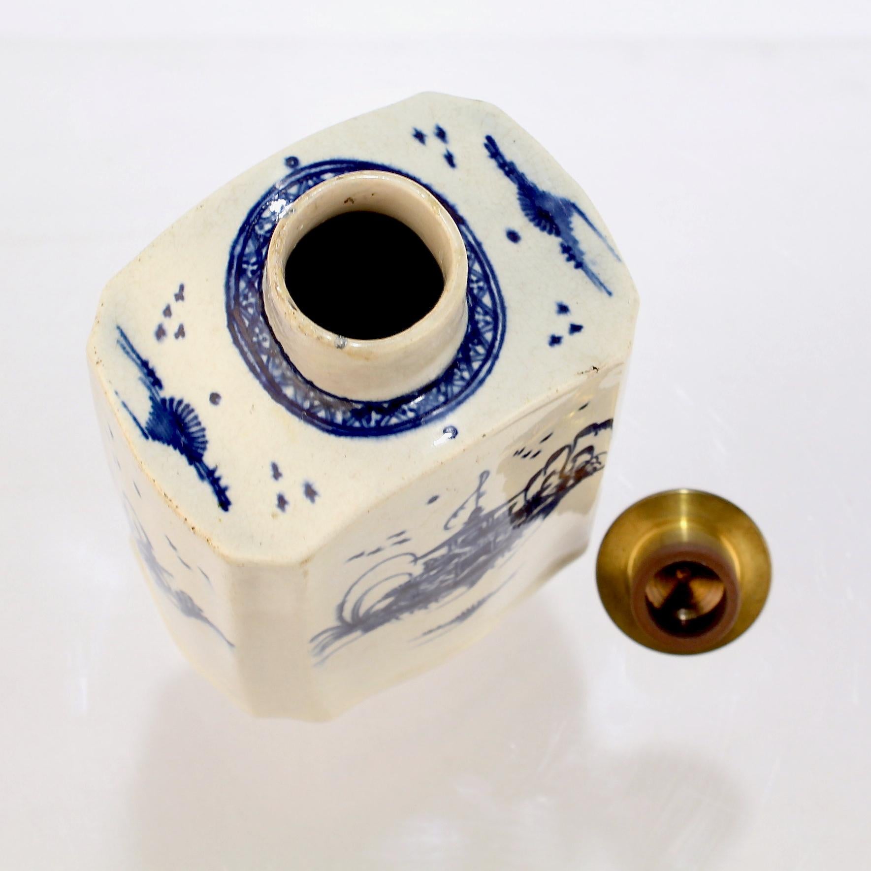 Antique English Blue & White Decorated Creamware or Pearlware Pottery Tea Caddy 3