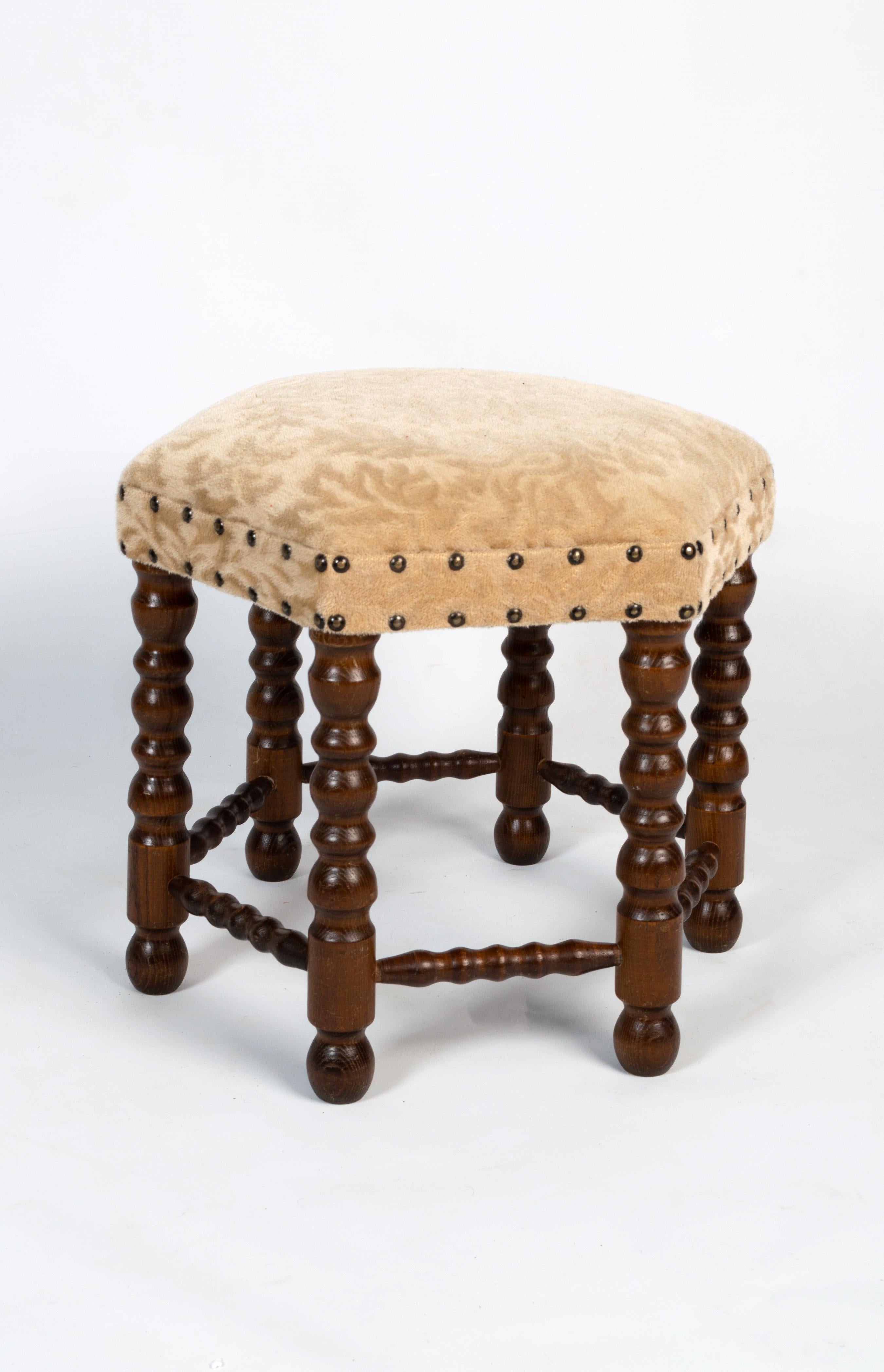 Antique English Bobbin Turned Hexagonal Upholstered Stool Ottoman, circa 1920 For Sale 1