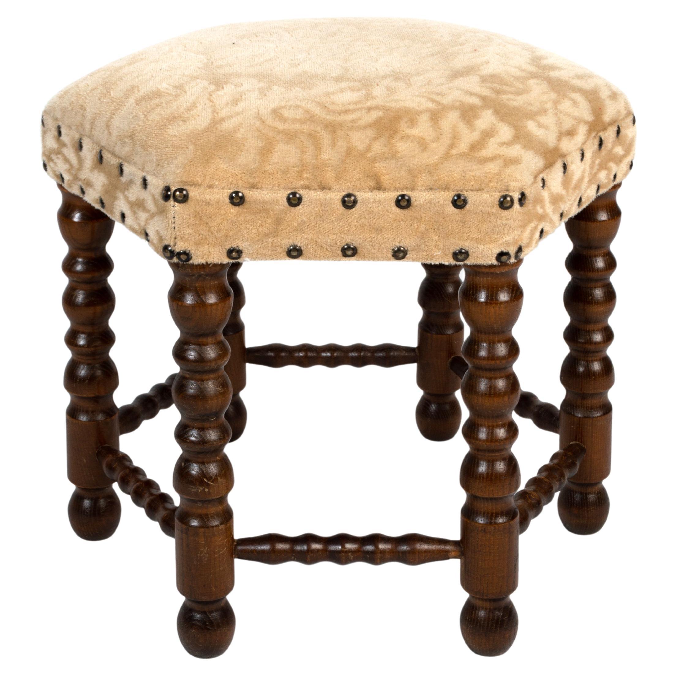 Antique English Bobbin Turned Hexagonal Upholstered Stool Ottoman, circa 1920 For Sale