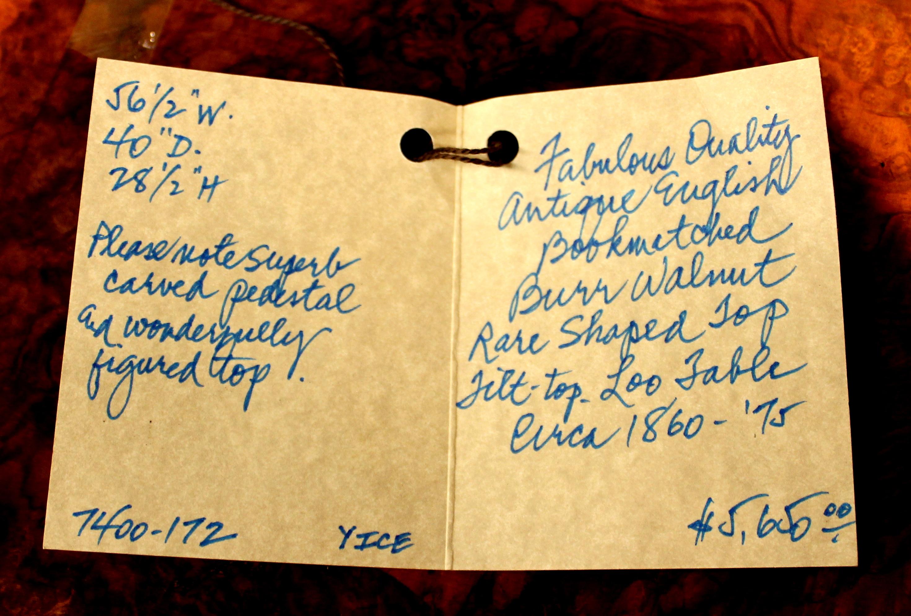 English Book-Matched Burr Walnut Rare Shaped Tilt-Top Loo or Bkfst Table 10