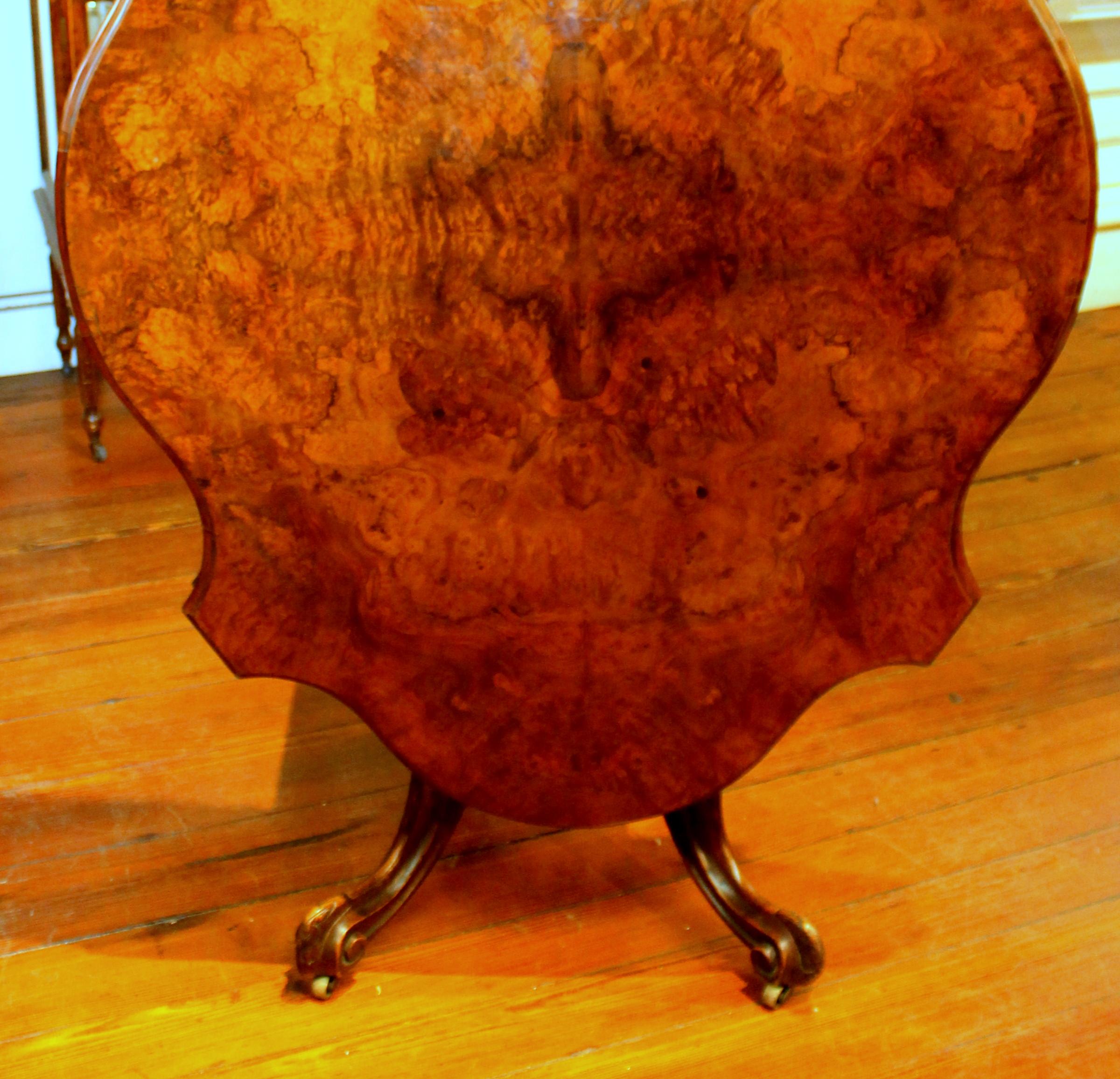 English Book-Matched Burr Walnut Rare Shaped Tilt-Top Loo or Bkfst Table 14