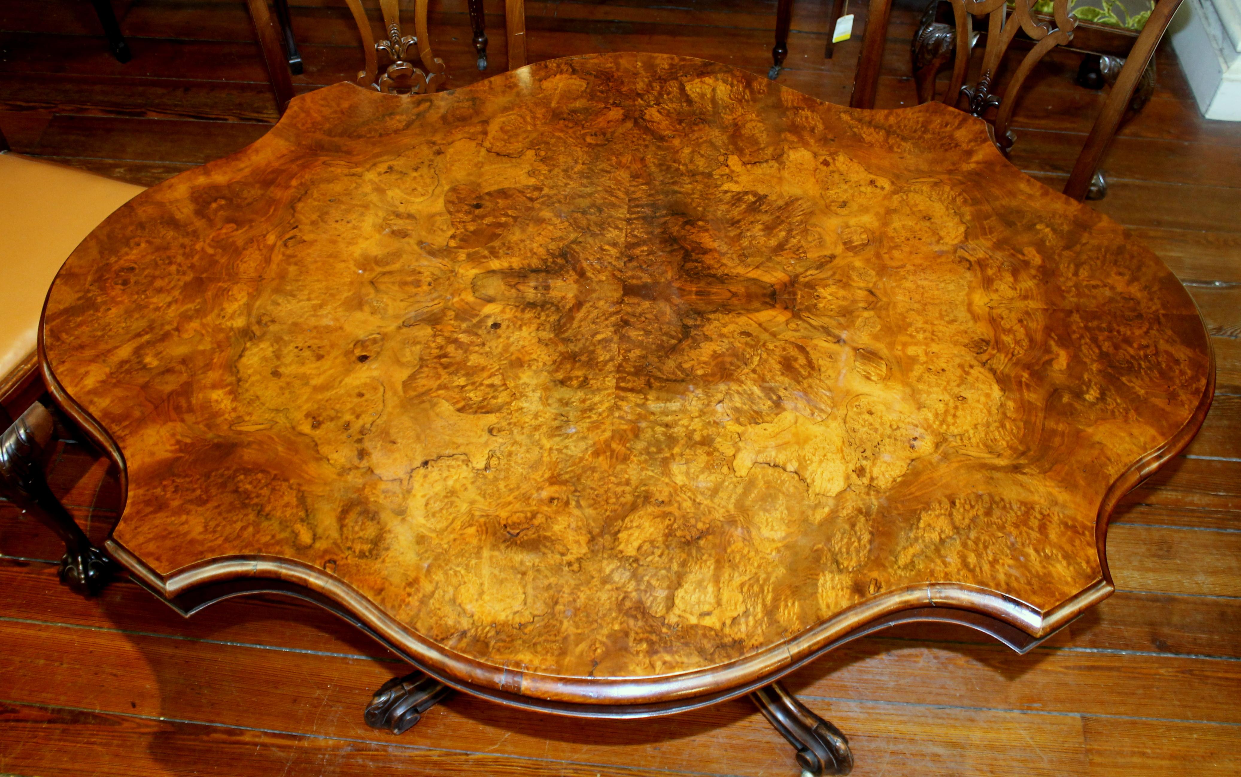 19th Century English Book-Matched Burr Walnut Rare Shaped Tilt-Top Loo or Bkfst Table
