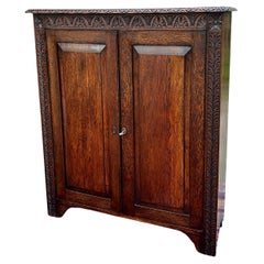 Antique English Bookcase Bookshelf Cabinet Carved Oak c. 1920s