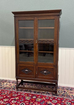 Antique English Bookcase Bookshelf Cabinet Double Door Barley Twist Oak c.1930s