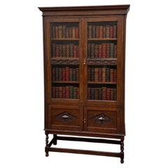 Antique English Bookcase Bookshelf Cabinet Double Door Barley Twist Oak c.1930s