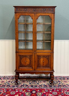 Antique English Bookcase Bookshelf Cabinet Double Door Wavy Glass Oak c.1930s