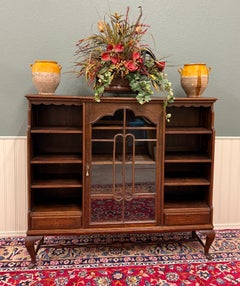 Antique English Bookcase Bookshelf Cabinet Glass Oak Queen Anne Legs 1920s-30s