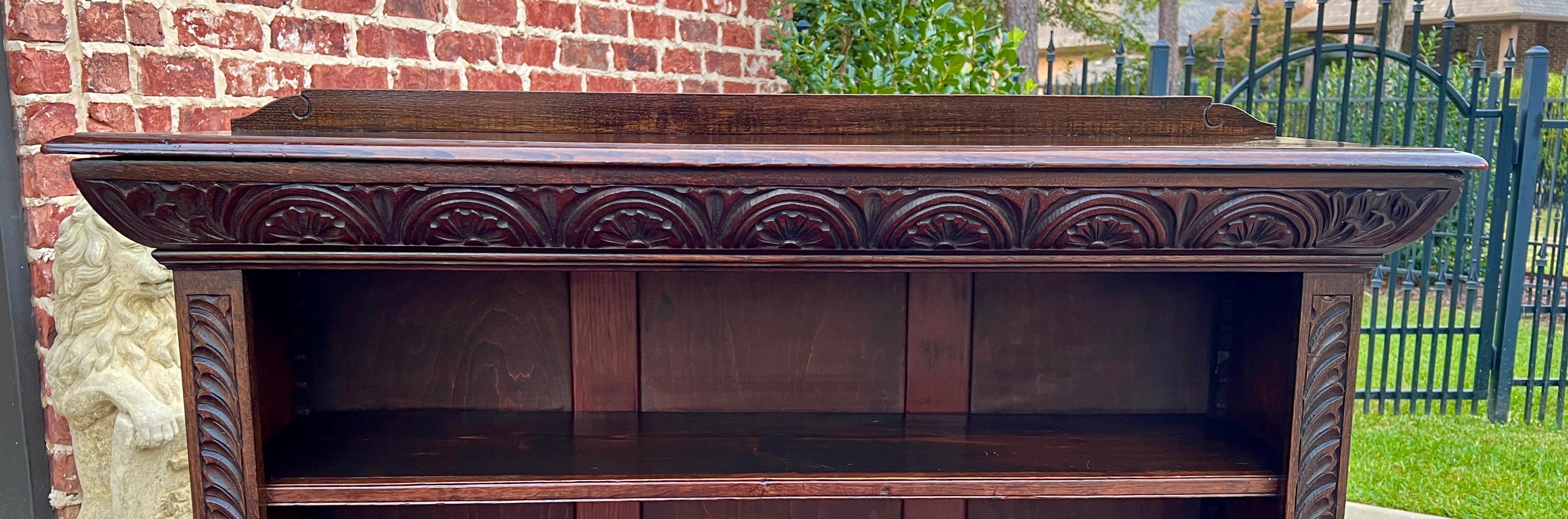 Antique English Bookcase Bookshelf Display Cabinet Carved Oak c. 1920-30s 12