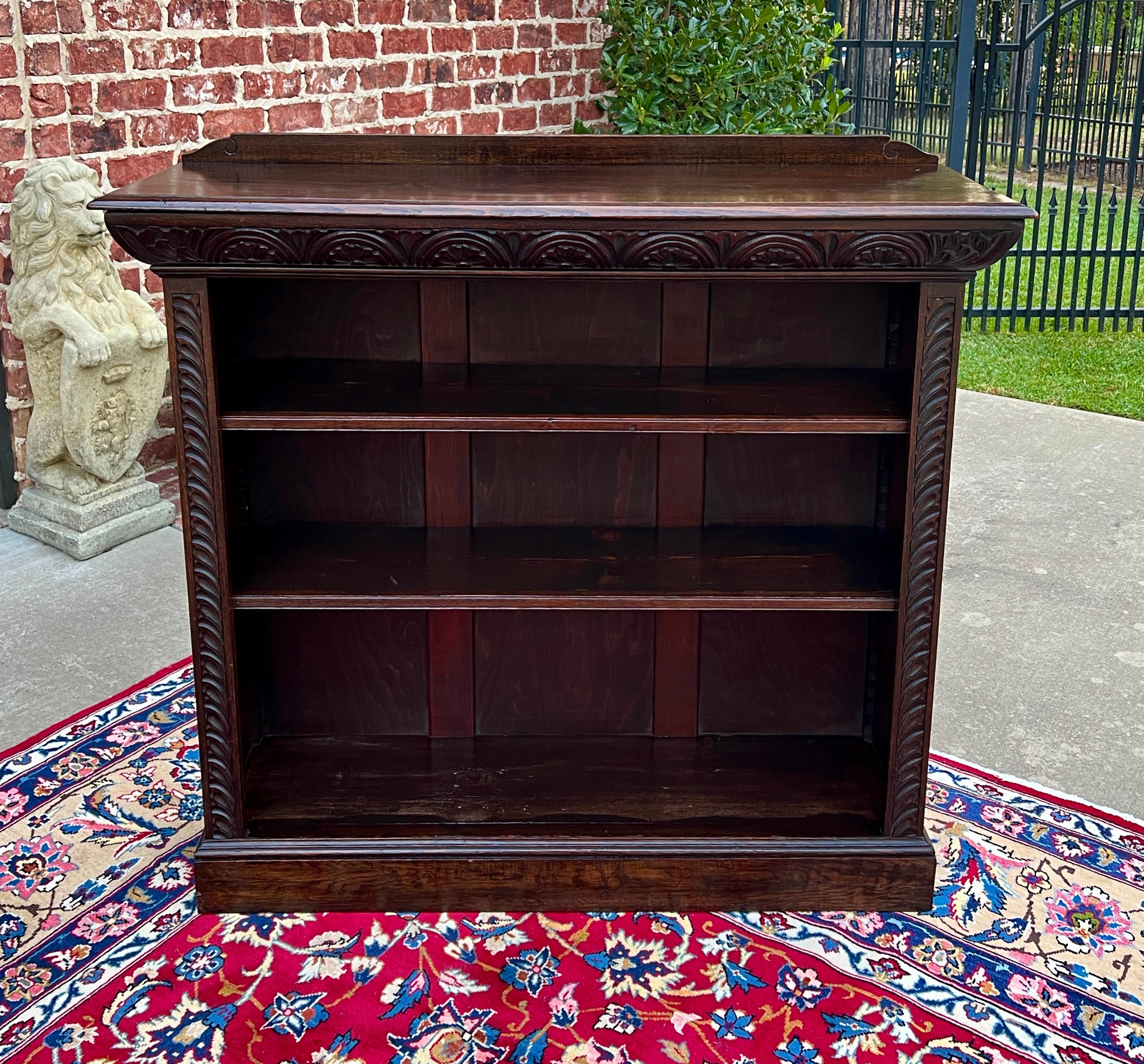 Antique English Bookcase Bookshelf Display Cabinet Carved Oak c. 1920-30s 1