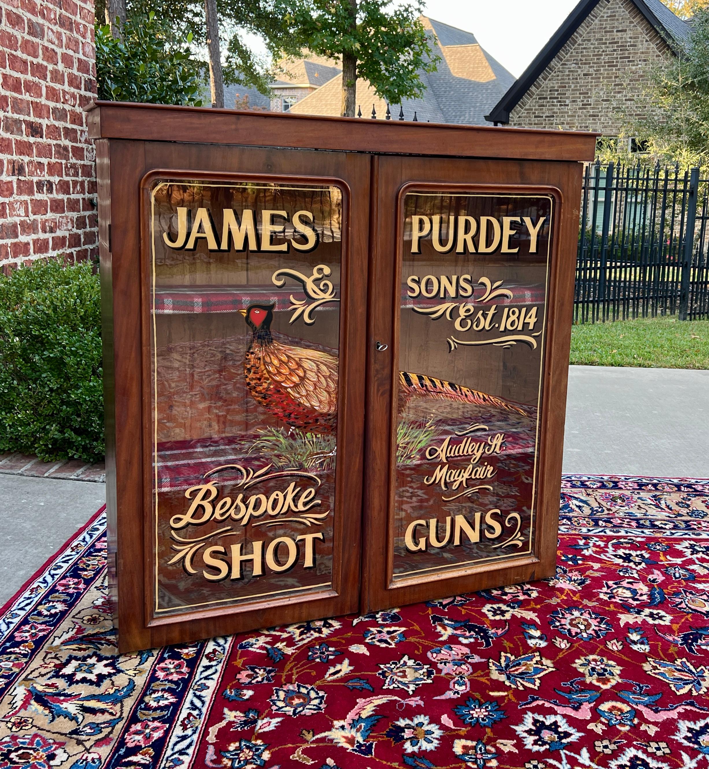 BEAUTIFUL Antique English Oak Bookcase or Display Shelf/Cabinet w/ Double Glass Doors~~Hand Painted James Purdey & Sons Shotguns~~ Bespoke~~Est. 1814 

~~PERFECT for displaying your favorite antique books or collectibles~~

~~42