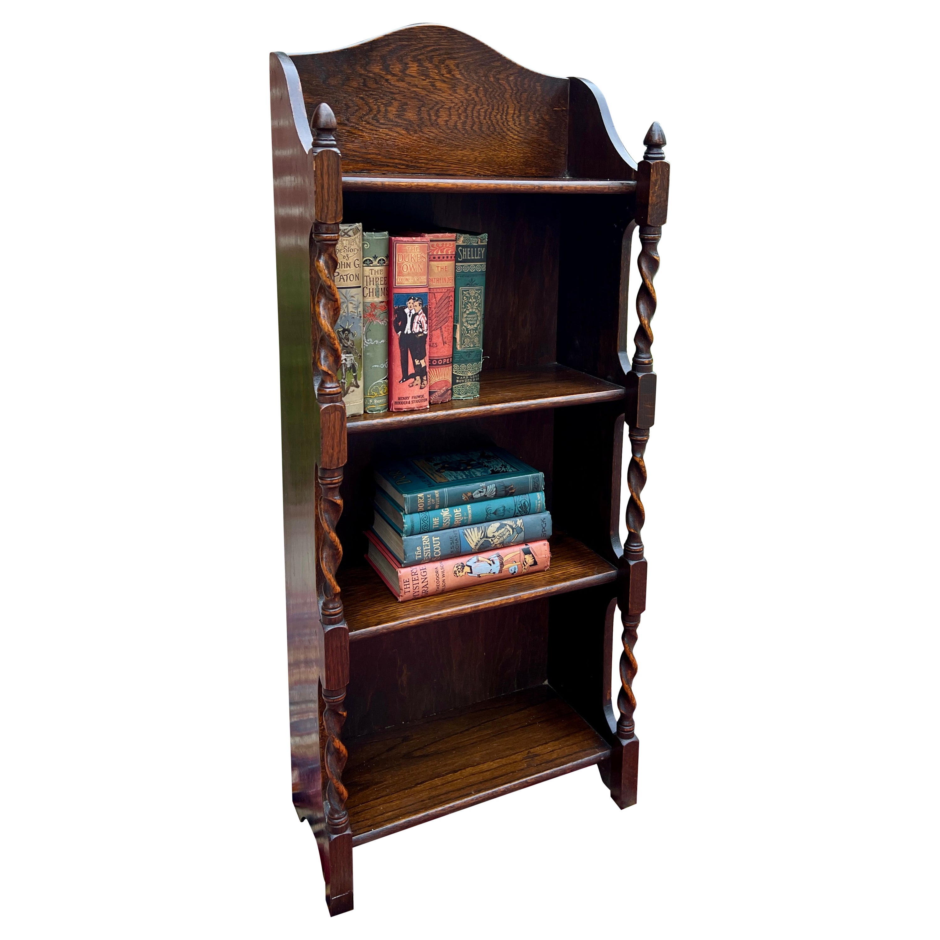 Antique English Bookcase Bookshelf Display Cabinet Oak Barley Twist c1920s