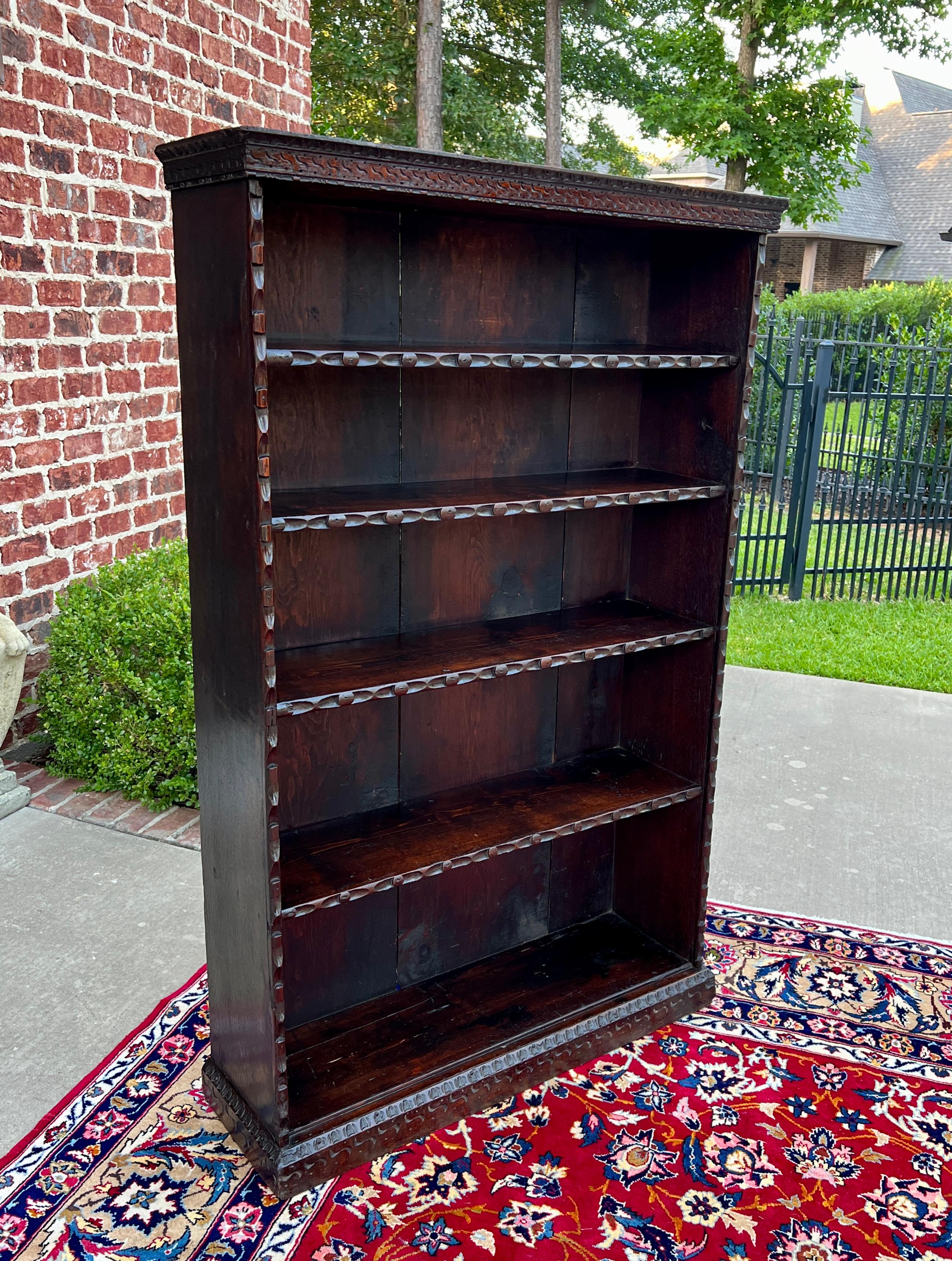 Antique English Bookcase Bookshelf Display Cabinet TALL Carved Oak c. 1900 5
