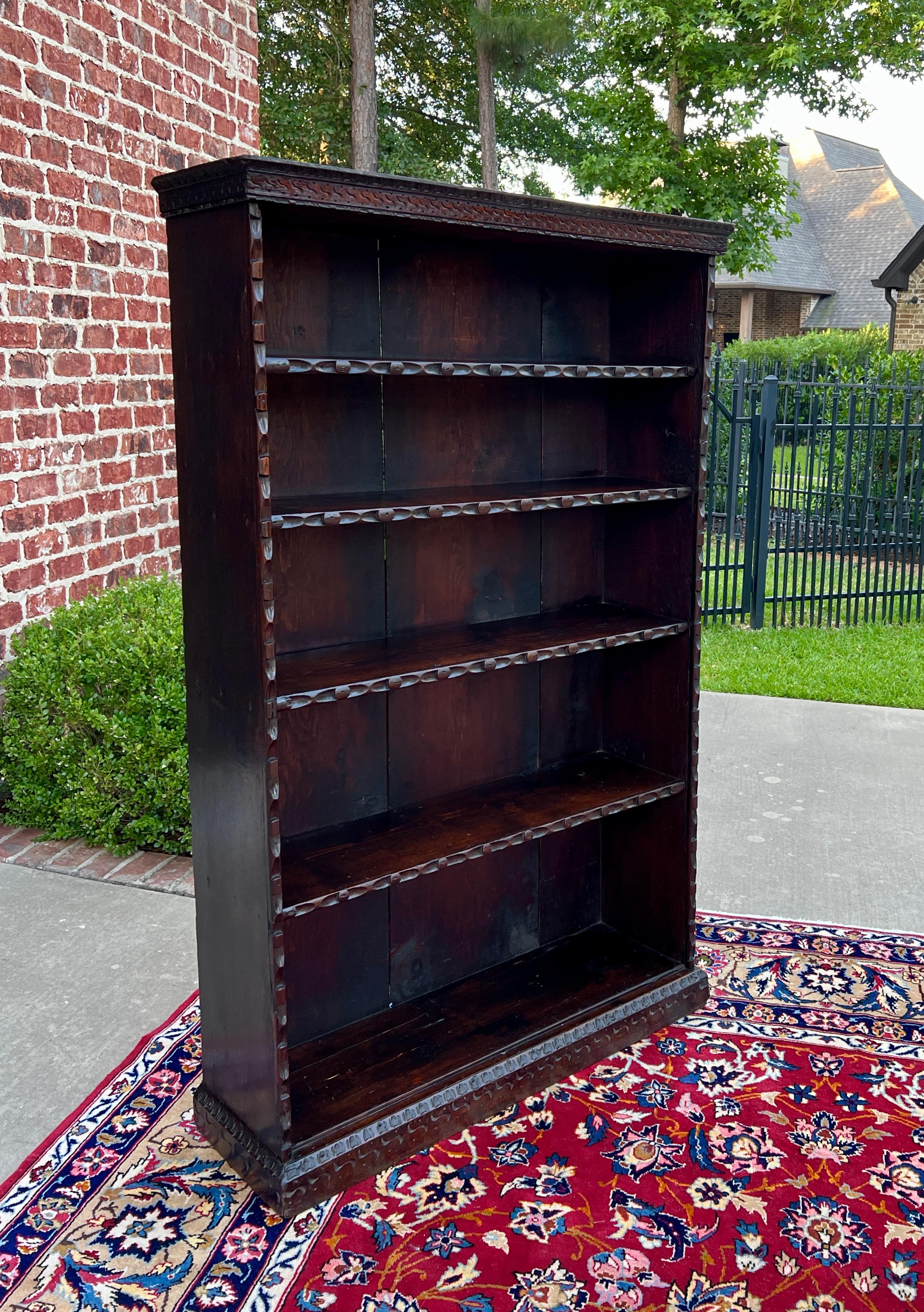 Arts and Crafts Antique English Bookcase Bookshelf Display Cabinet TALL Carved Oak c. 1900