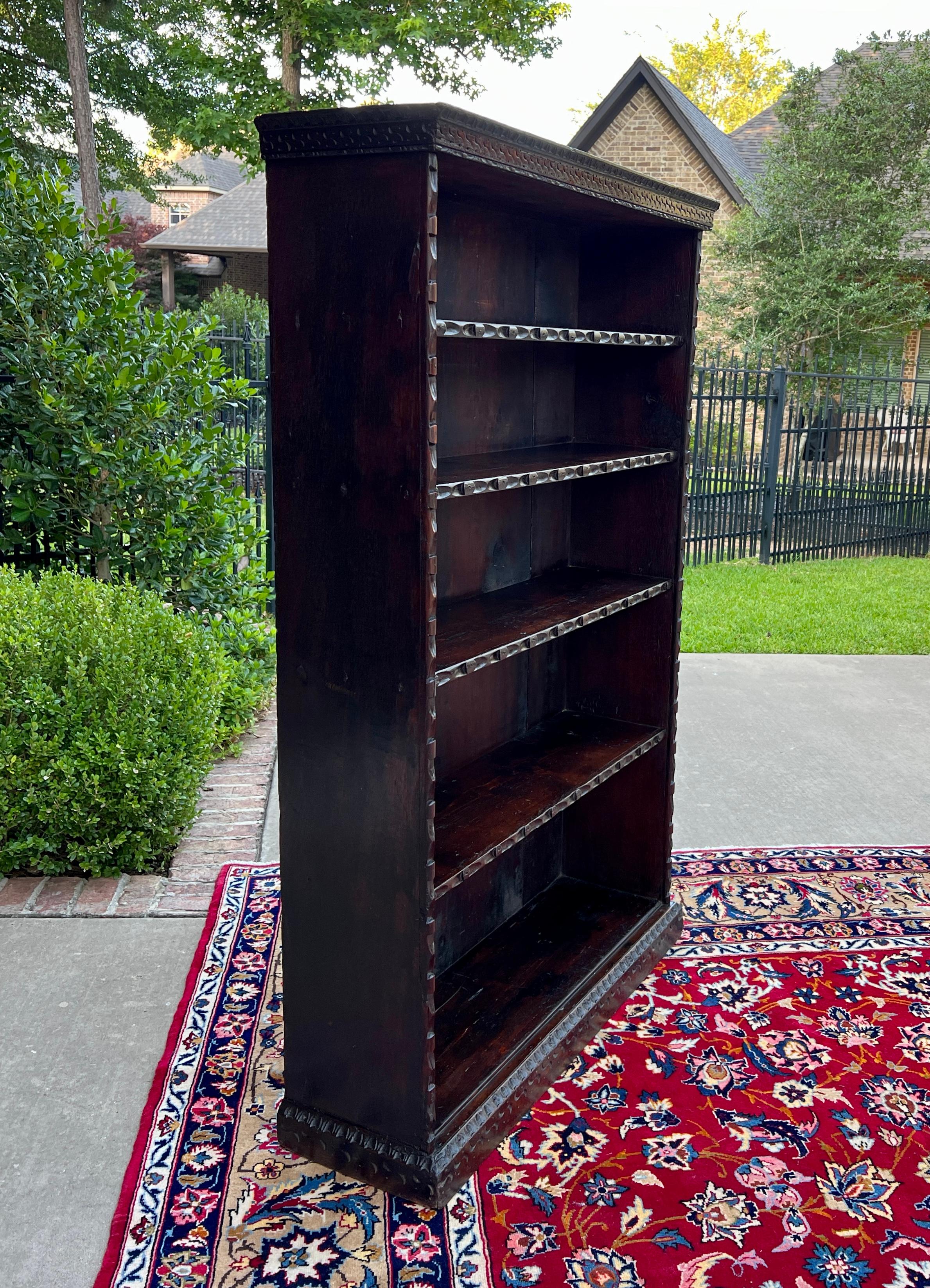 Antique English Bookcase Bookshelf Display Cabinet TALL Carved Oak c. 1900 In Good Condition In Tyler, TX