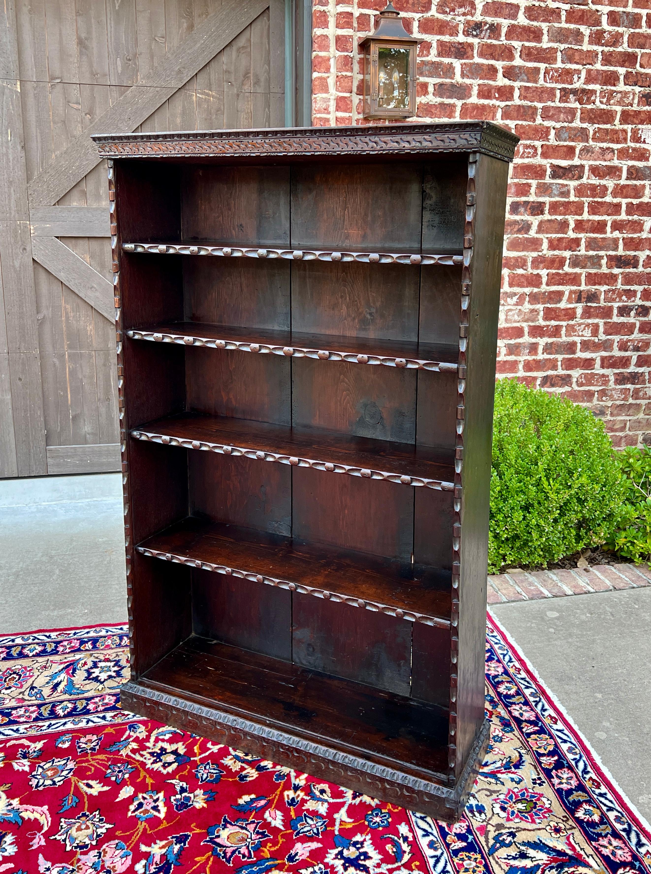 Antique English Bookcase Bookshelf Display Cabinet TALL Carved Oak c. 1900 1