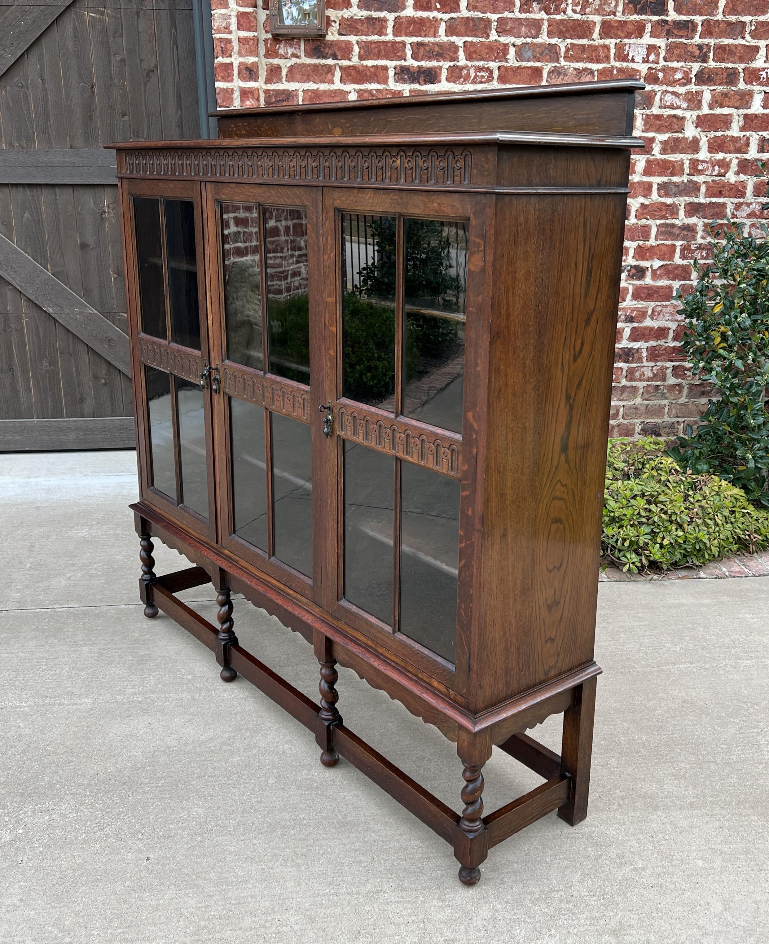 Early 20th Century Antique English Bookcase Cabinet 3 Door Jacobean Style Barley Twist Oak c. 1920s