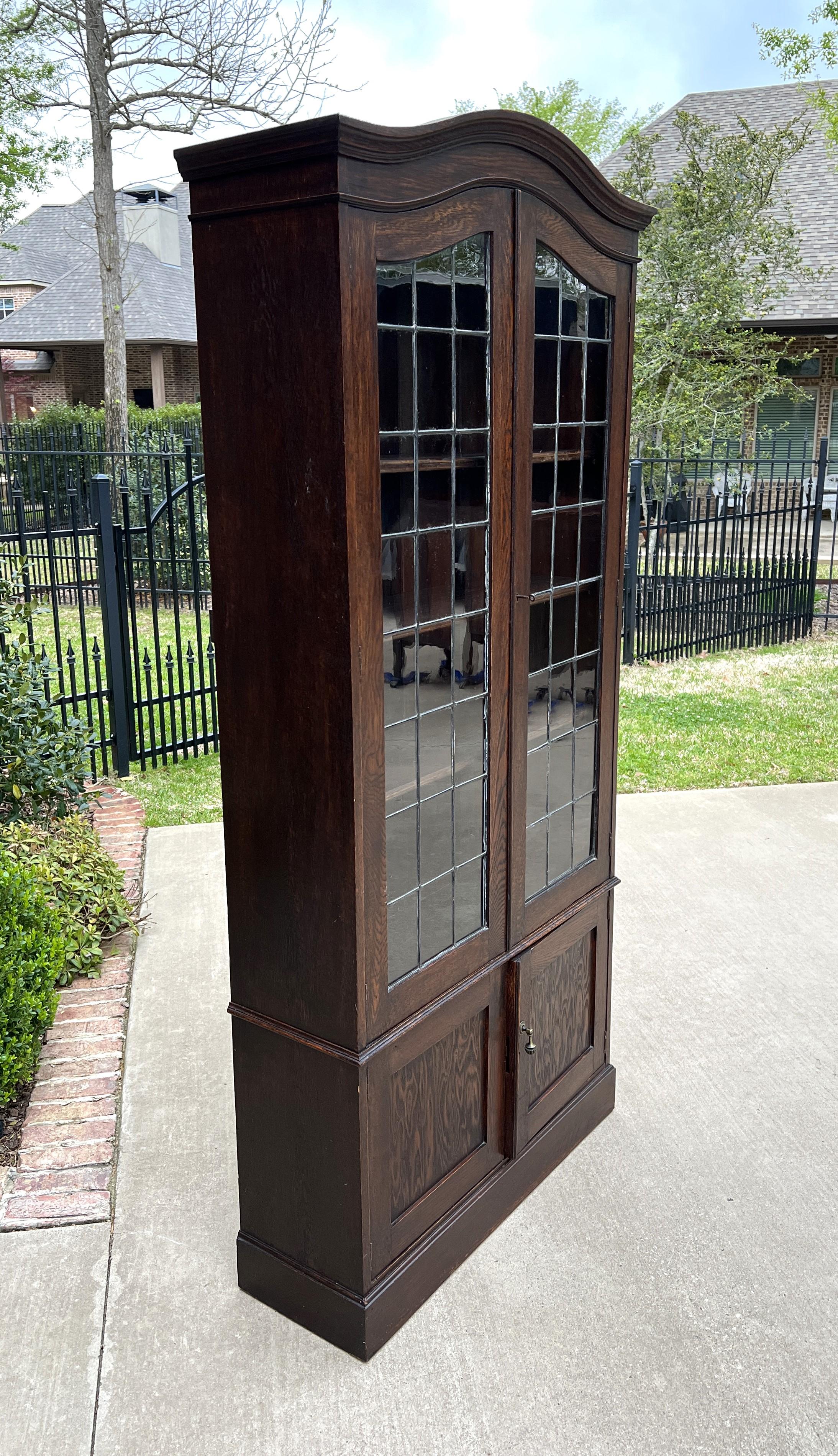 Antique English Bookcase Display Cabinet Leaded Glass Doors Bonnet Top Oak 4