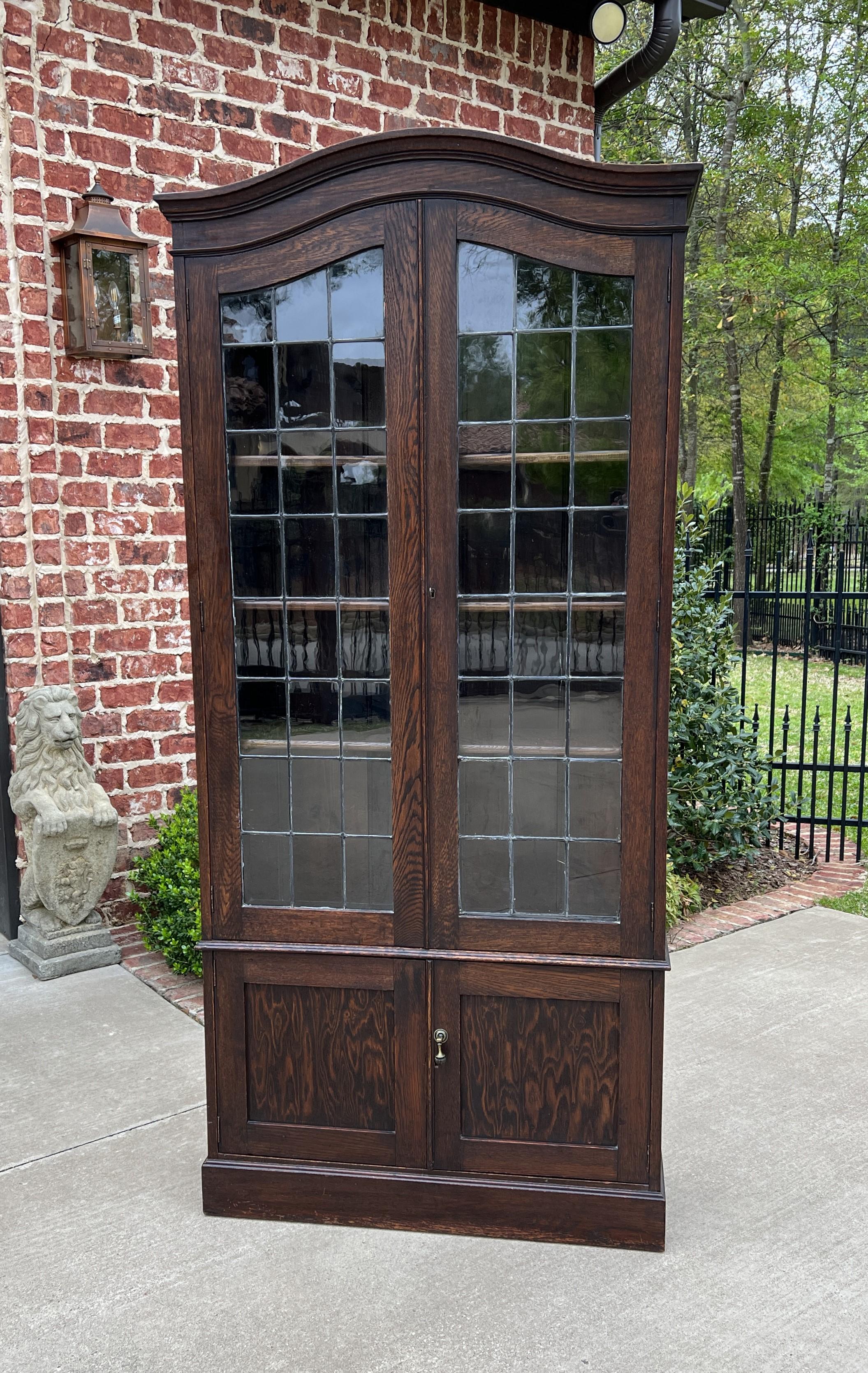 Antique English Bookcase Display Leaded Glass Doors Top