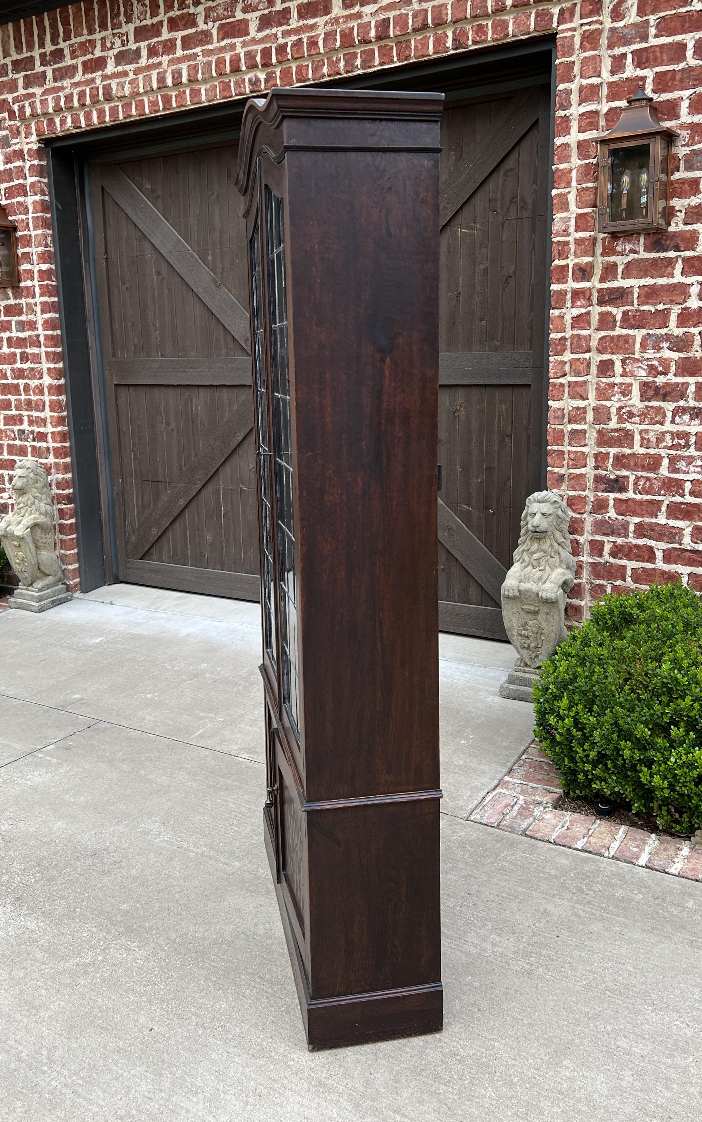 Arts and Crafts Antique English Bookcase Display Cabinet Leaded Glass Doors Bonnet Top Oak