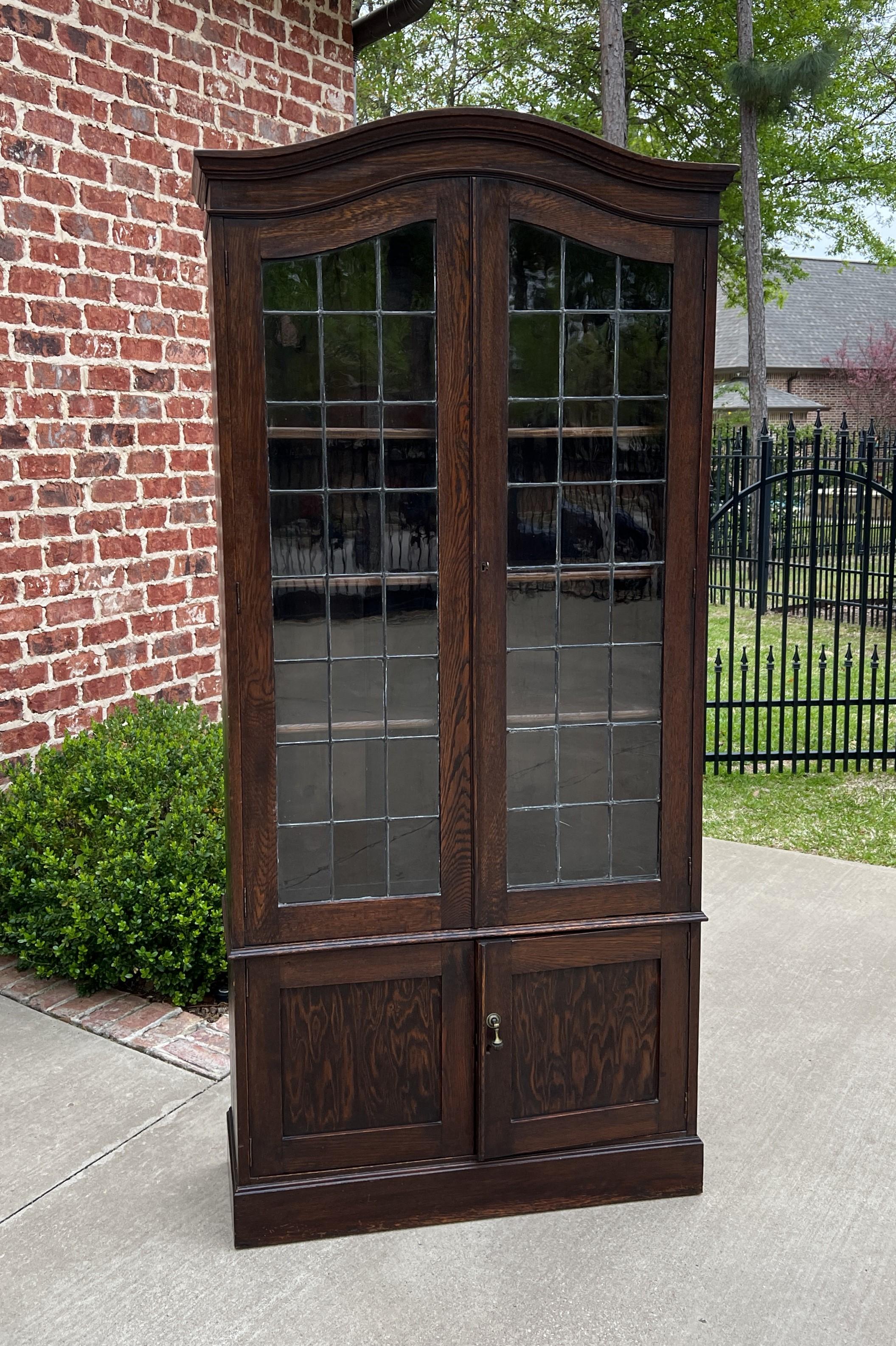 Carved Antique English Bookcase Display Cabinet Leaded Glass Doors Bonnet Top Oak