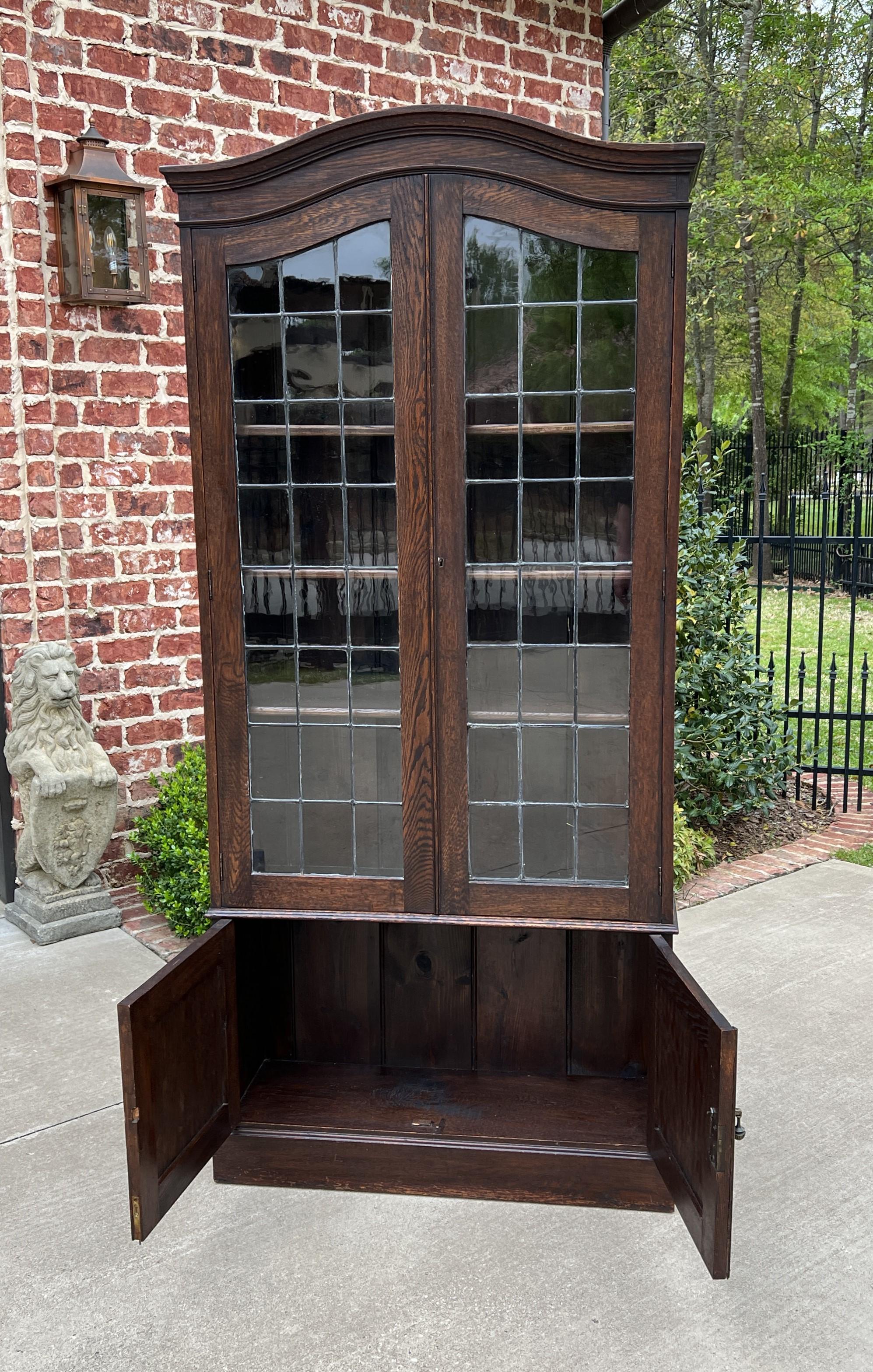 Antique English Bookcase Display Leaded Glass Doors Top