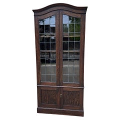 Antique English Bookcase Display Cabinet Leaded Glass Doors Bonnet Top Oak