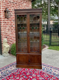 Antique English Bookcase Display Cabinet Stained Glass Doors Oak c.1920-30s