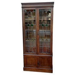 Antique English Bookcase Display Cabinet Stained Glass Doors Oak c.1920-30s