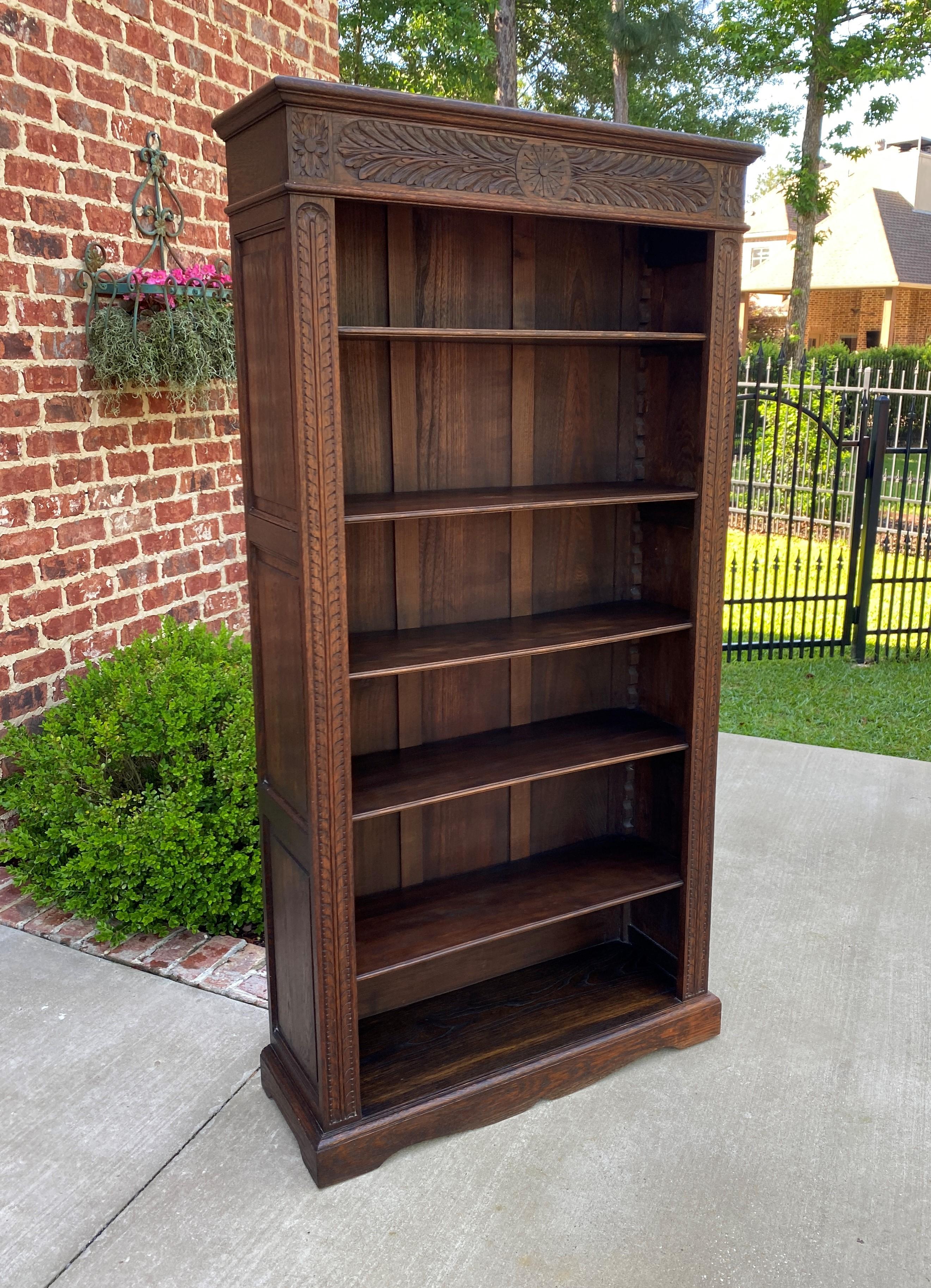 Arts and Crafts Antique English Bookcase Display Shelf Cabinet Carved Oak Tall Slim Depth c 1920
