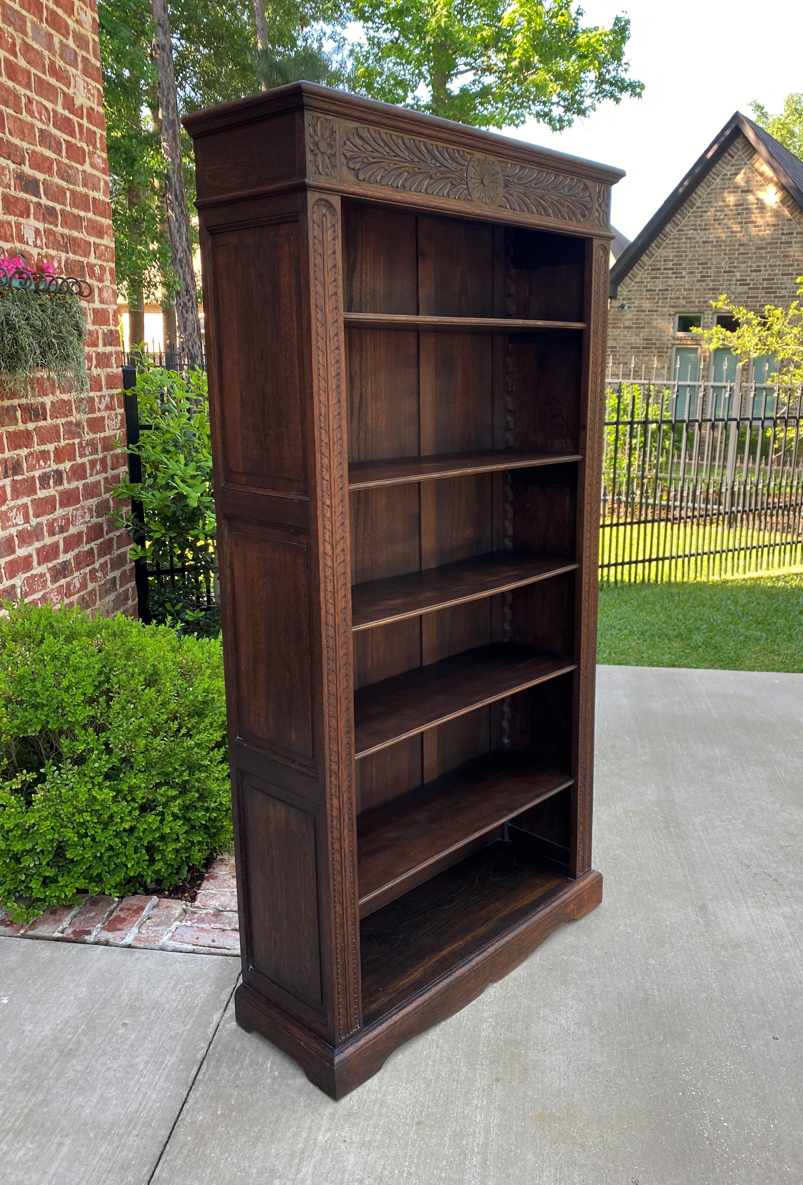Antique English Bookcase Display Shelf Cabinet Carved Oak Tall Slim Depth c 1920 In Good Condition In Tyler, TX