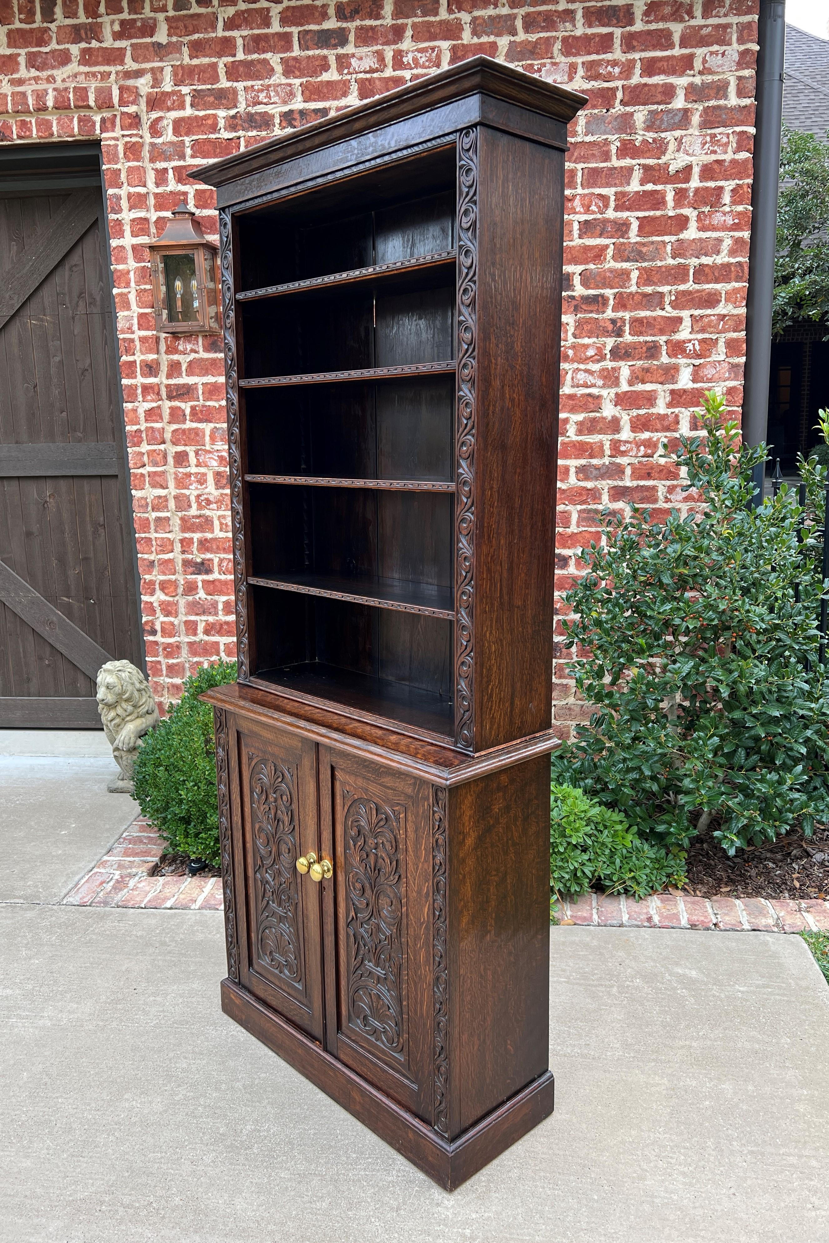 Antique English Bookcase Display Shelf Cabinet Two-Piece Carved Oak c. 1920s 5