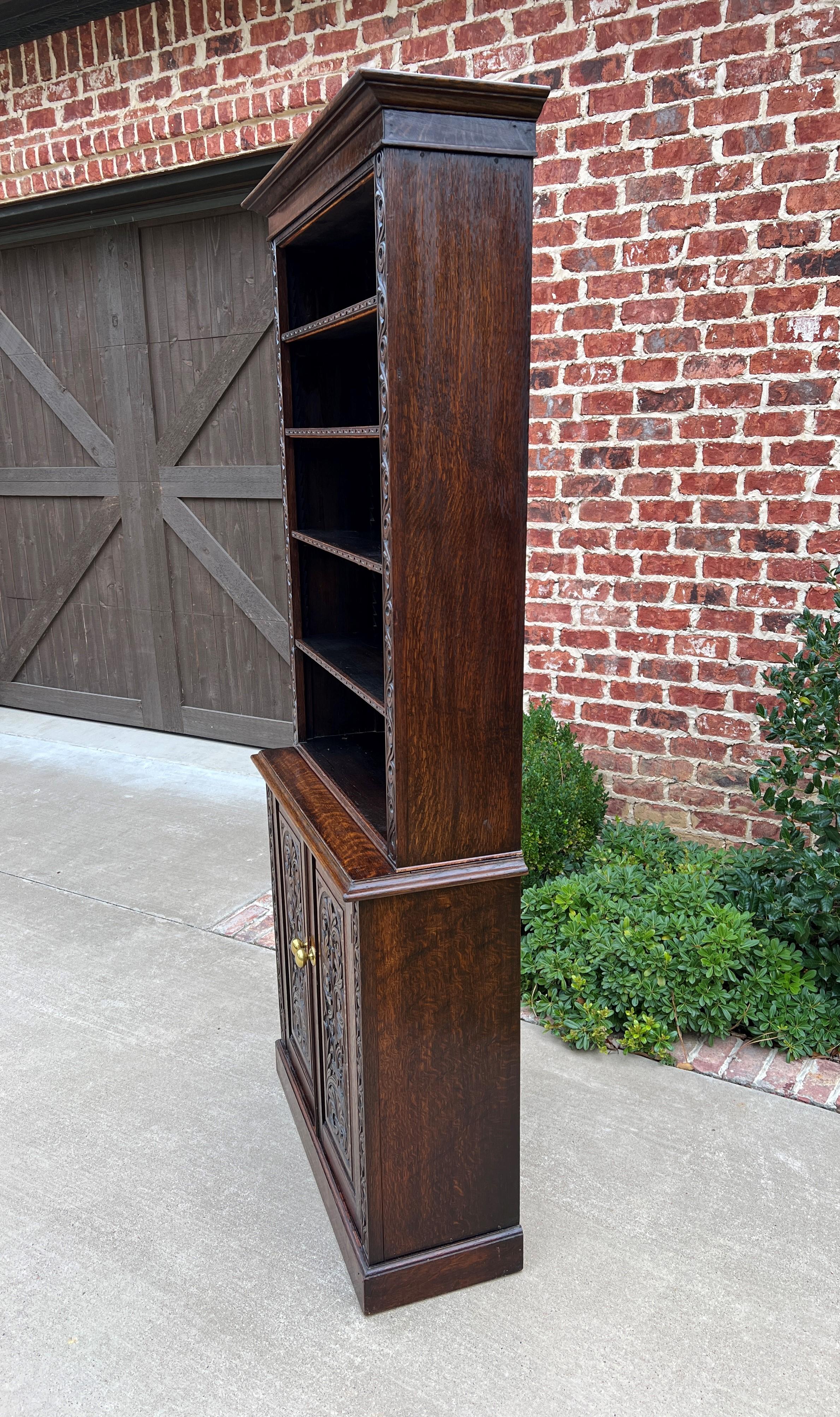 Antique English Bookcase Display Shelf Cabinet Two-Piece Carved Oak c. 1920s 6